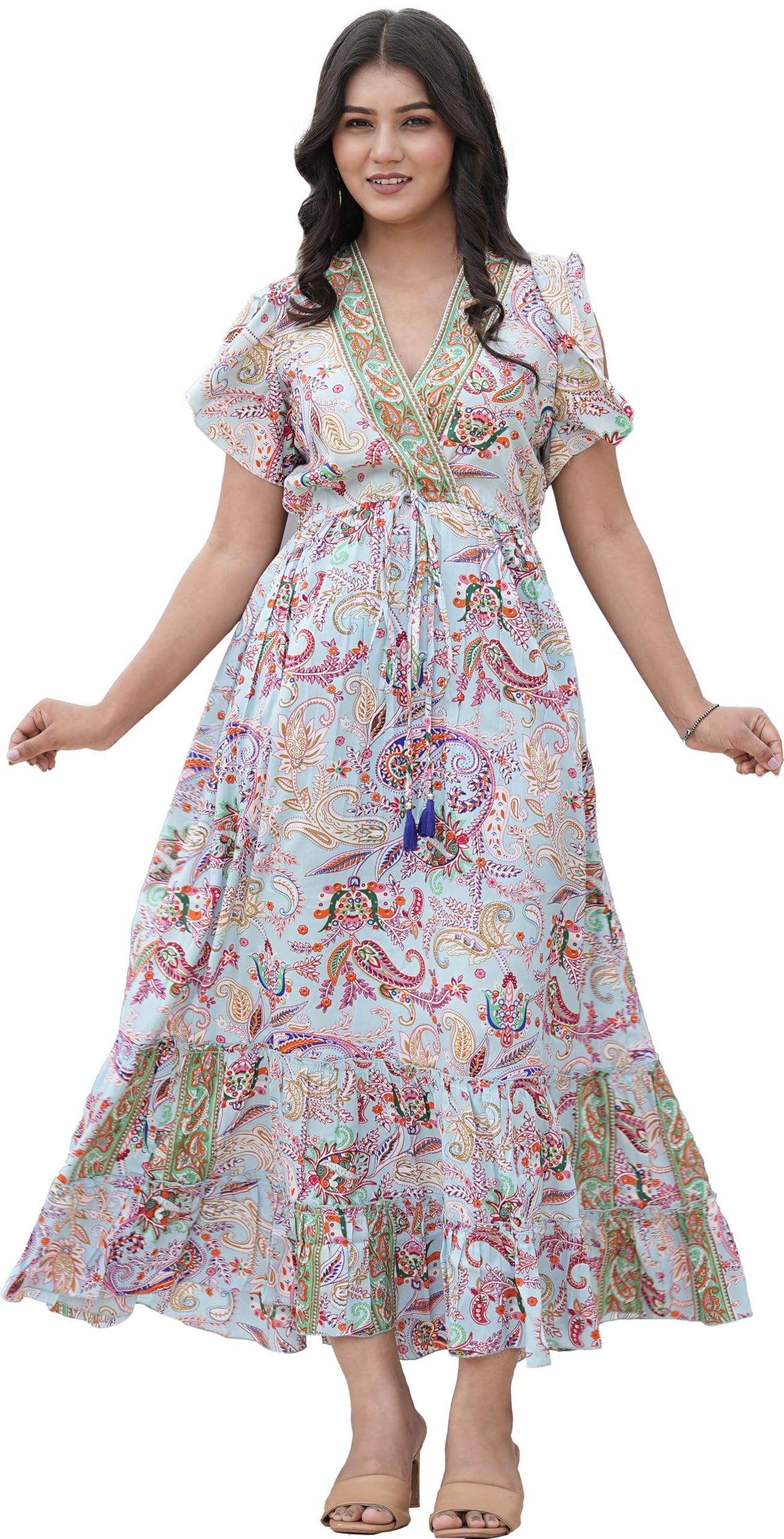 Yash Gallery Women's Polyester V-Neck Ruffle Sleeve Digital Printed Tiered Maxi Dress for Women