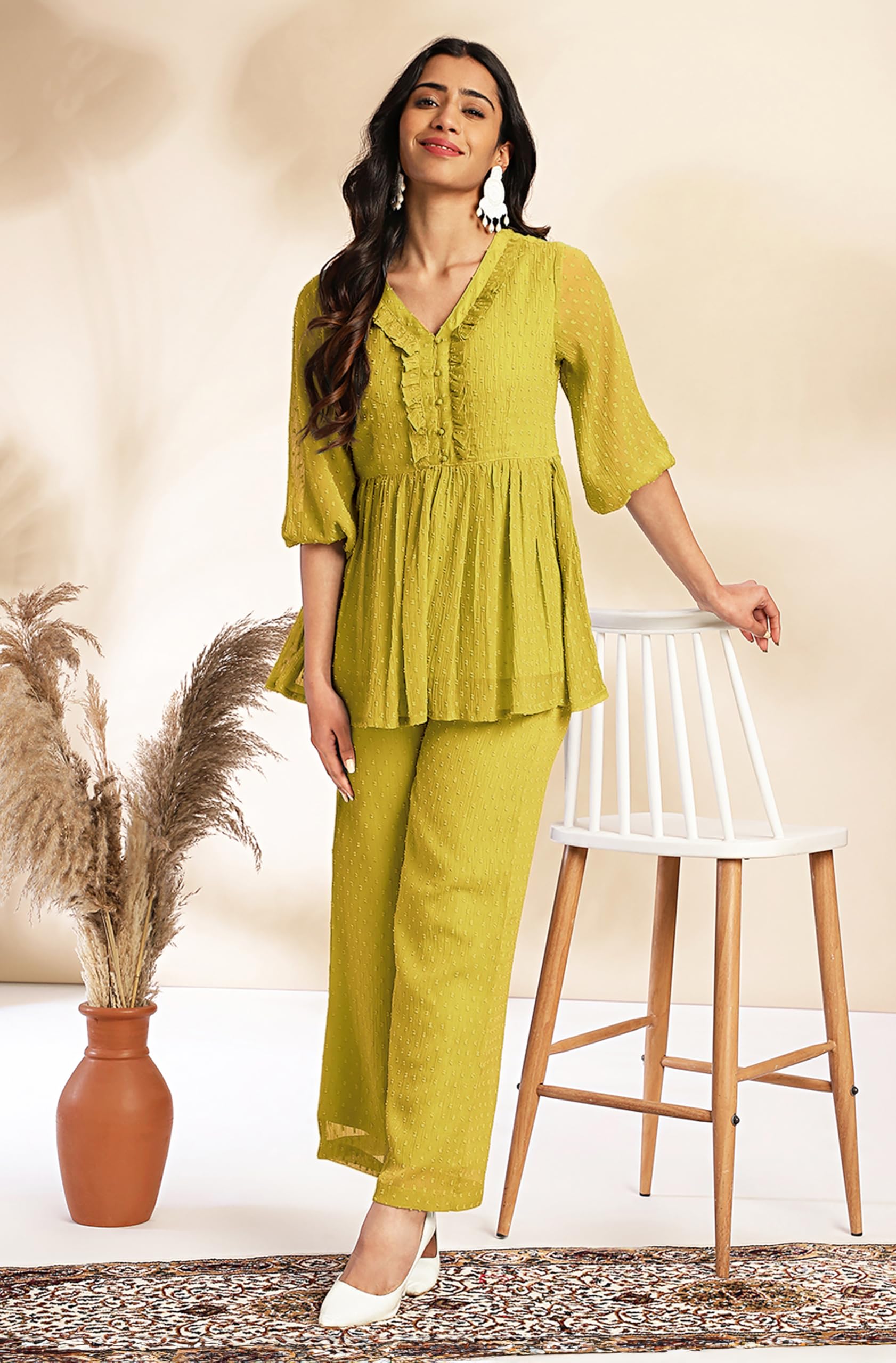 Janasya Women Dobby Chiffon Self Design Top & Pant Set Mustard Color Trending Outfit - Image 8