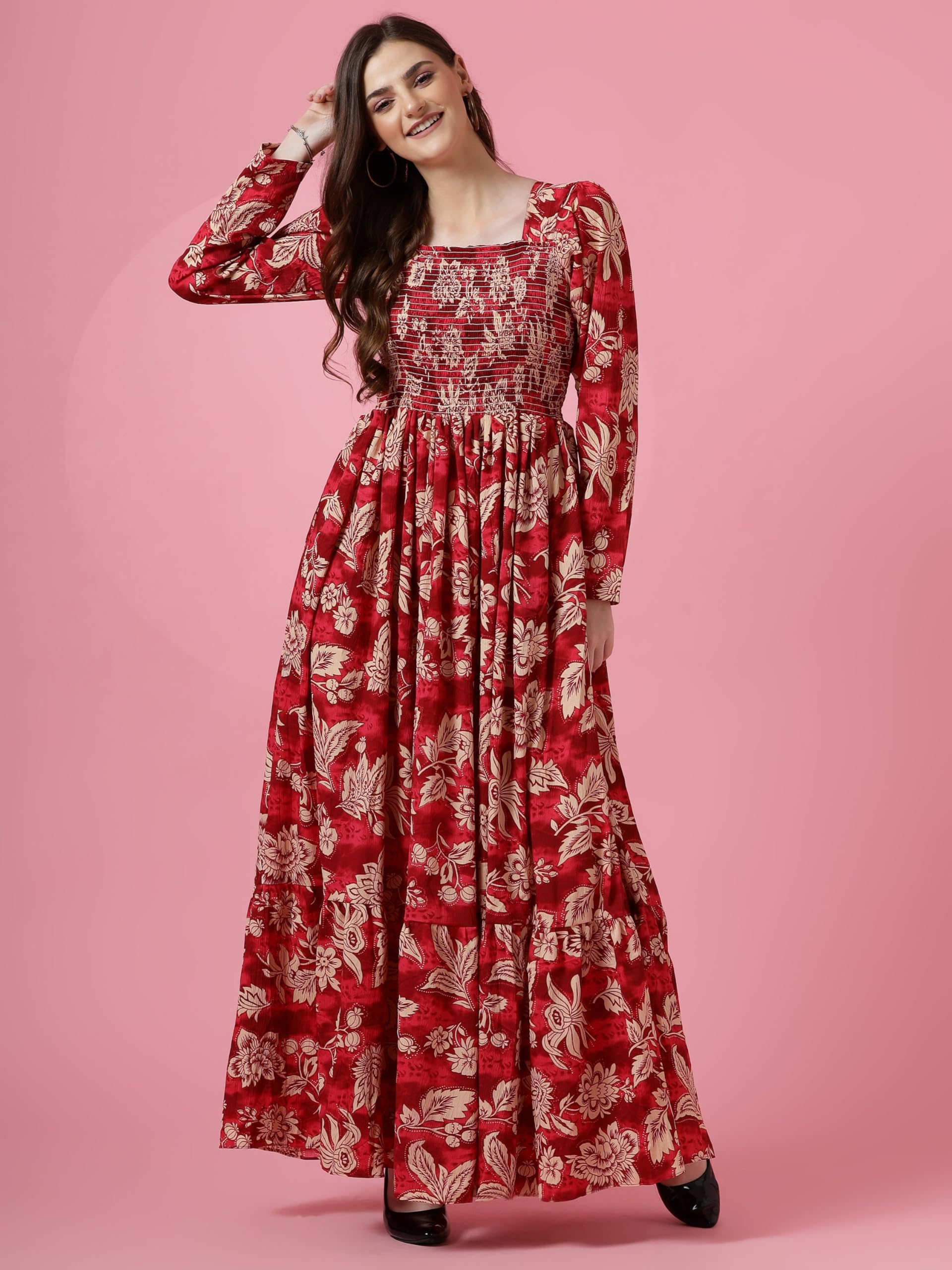 Sheetal Associates Women's Maxi Floral Print Crepe Regular Sleeves Casual Dress Red - Image 2