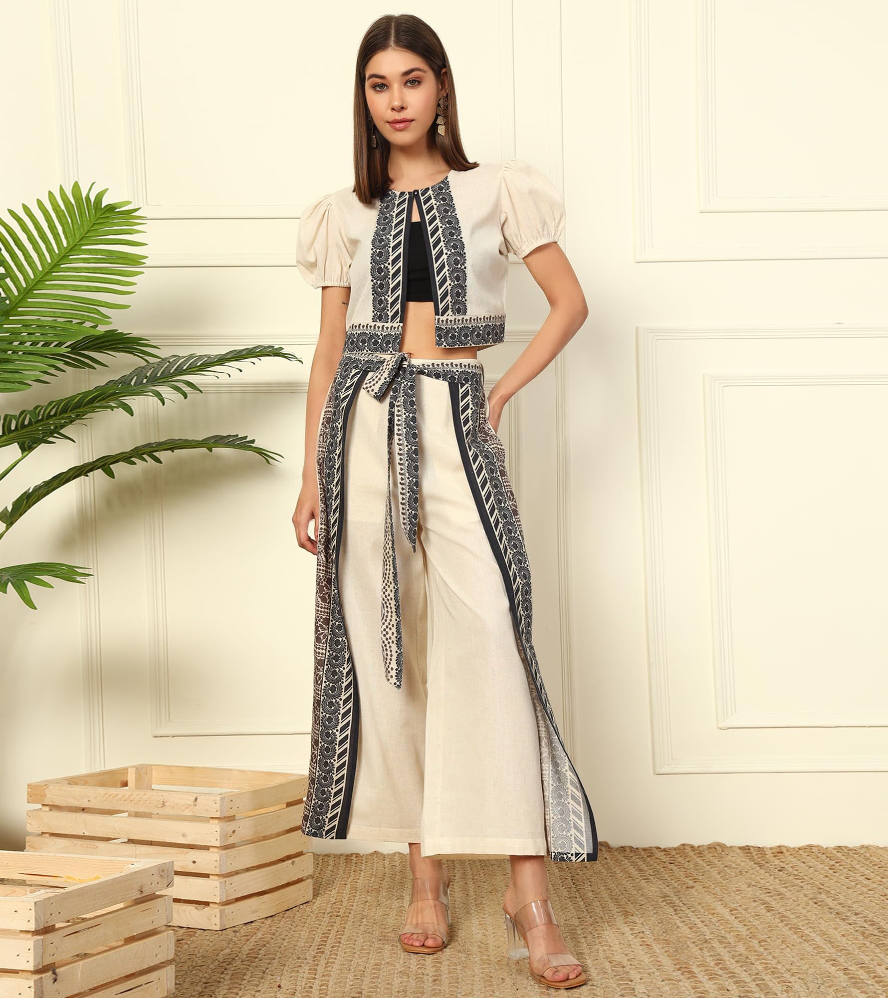 DEEBACO Solid with Printed Cotton Flex Shrug with Flap Pants Women's Co-Ord Set|Puff Sleeves Round Neck Long Length Relax Fit Summer Western Casual Wear Ladies Cord Set - Image 2