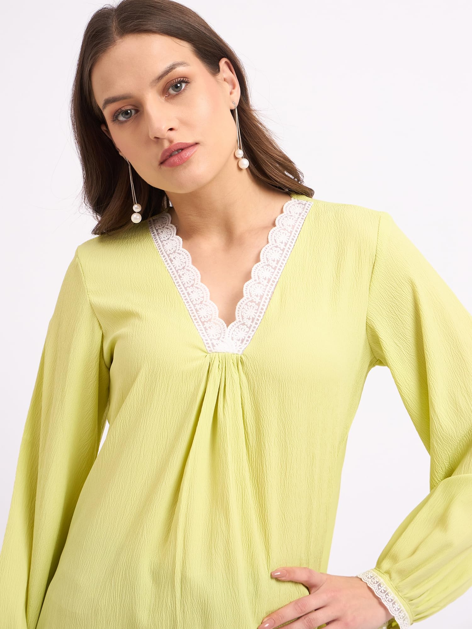 SheWill Lime Self Design Lace A-Line Top Stylish Ethnic and Western Tops for Women Summer Travel Wear Trendy Tops for Jeans Lightweight Comfortable Top Elegant and Chic Look ALLTP1250_RUS - Image 8