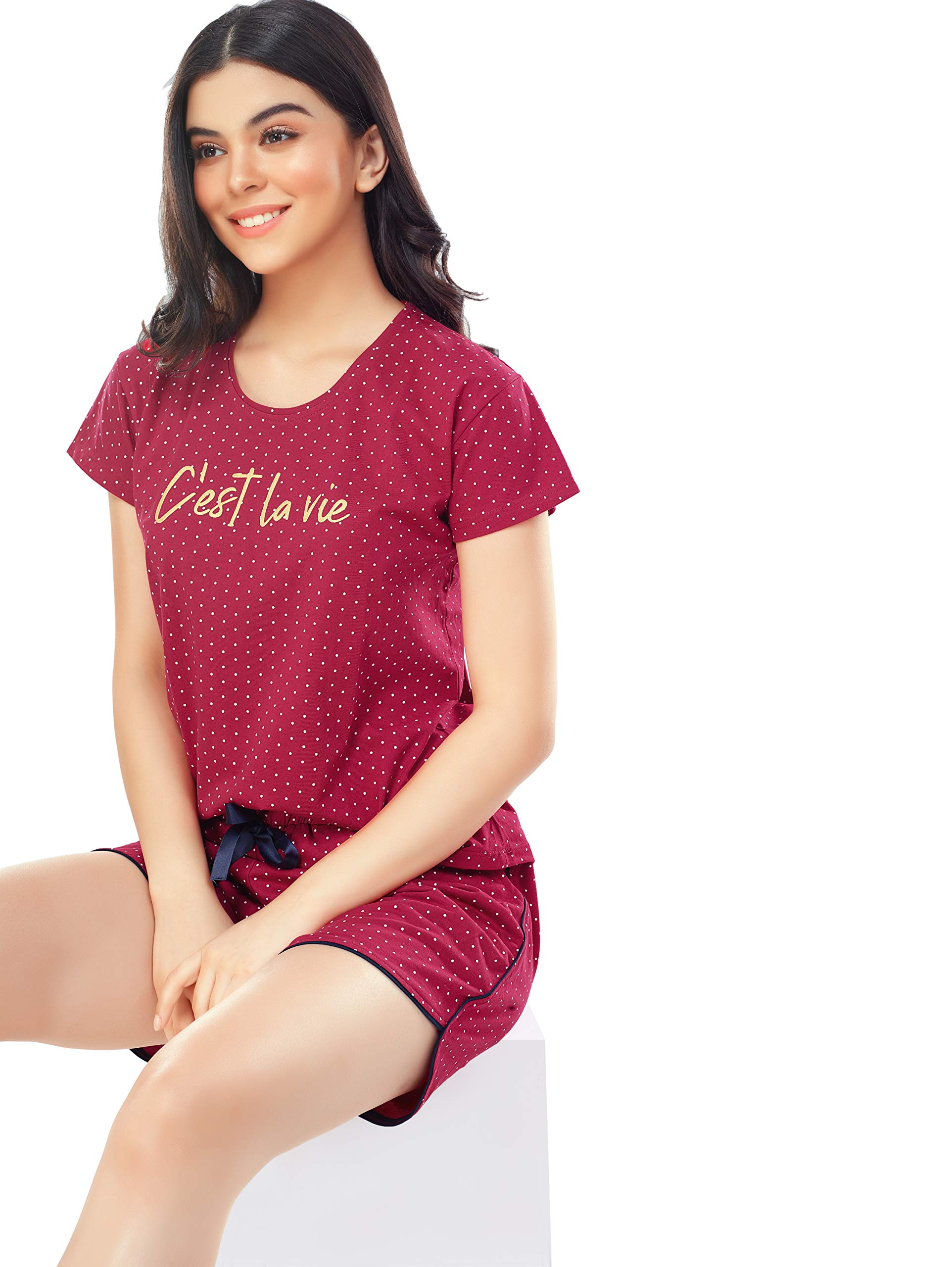 ZEYO Women's Cotton Dot Printed Maroon Red Night Suit Set of Top & Shorts 5228 - Image 4