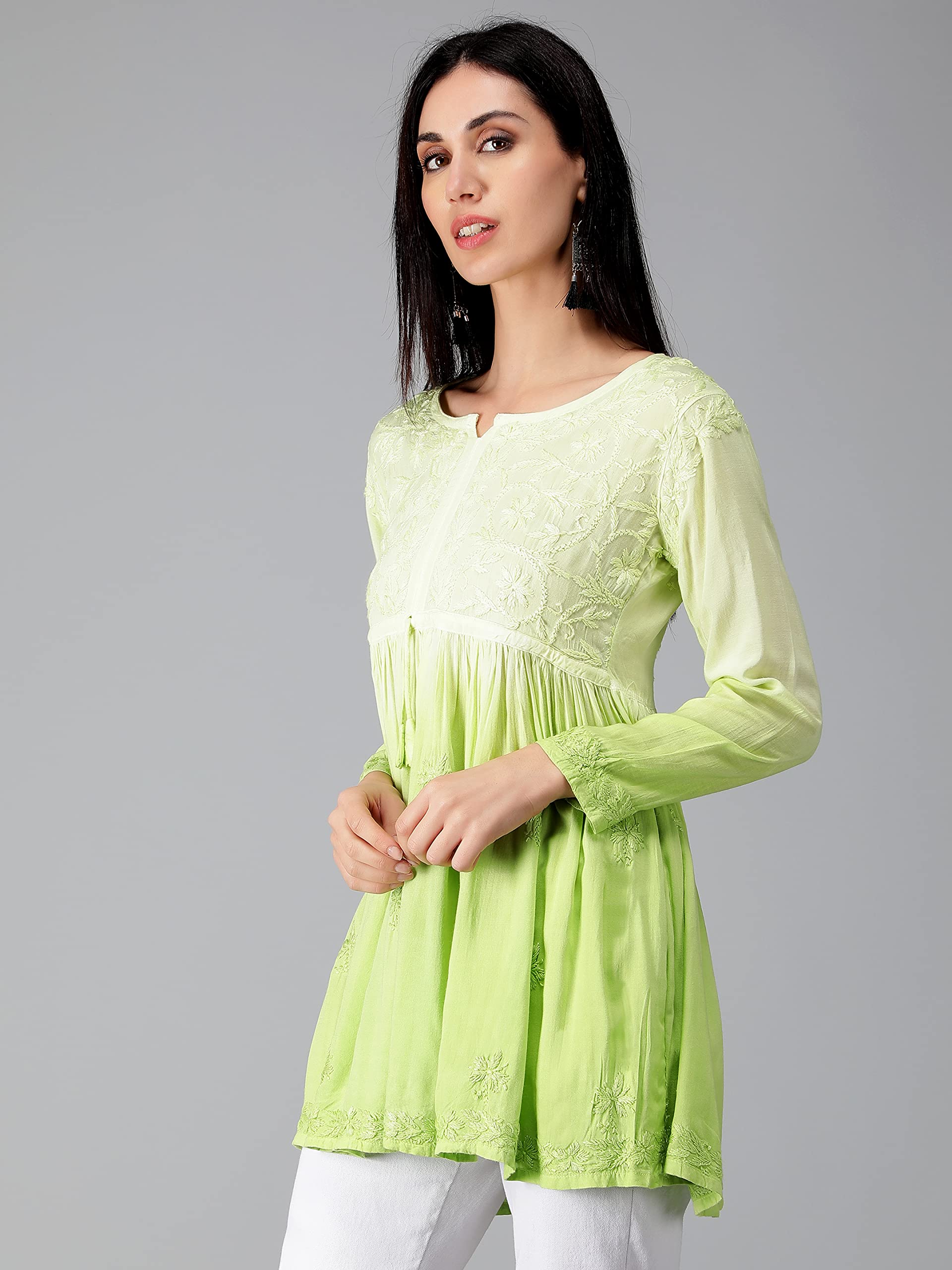 Seva Chikan Hand Embroidered Lucknowi Chikankari Lime Green Rayon Cotton Short A-line Top Tunic for Women - Image 7