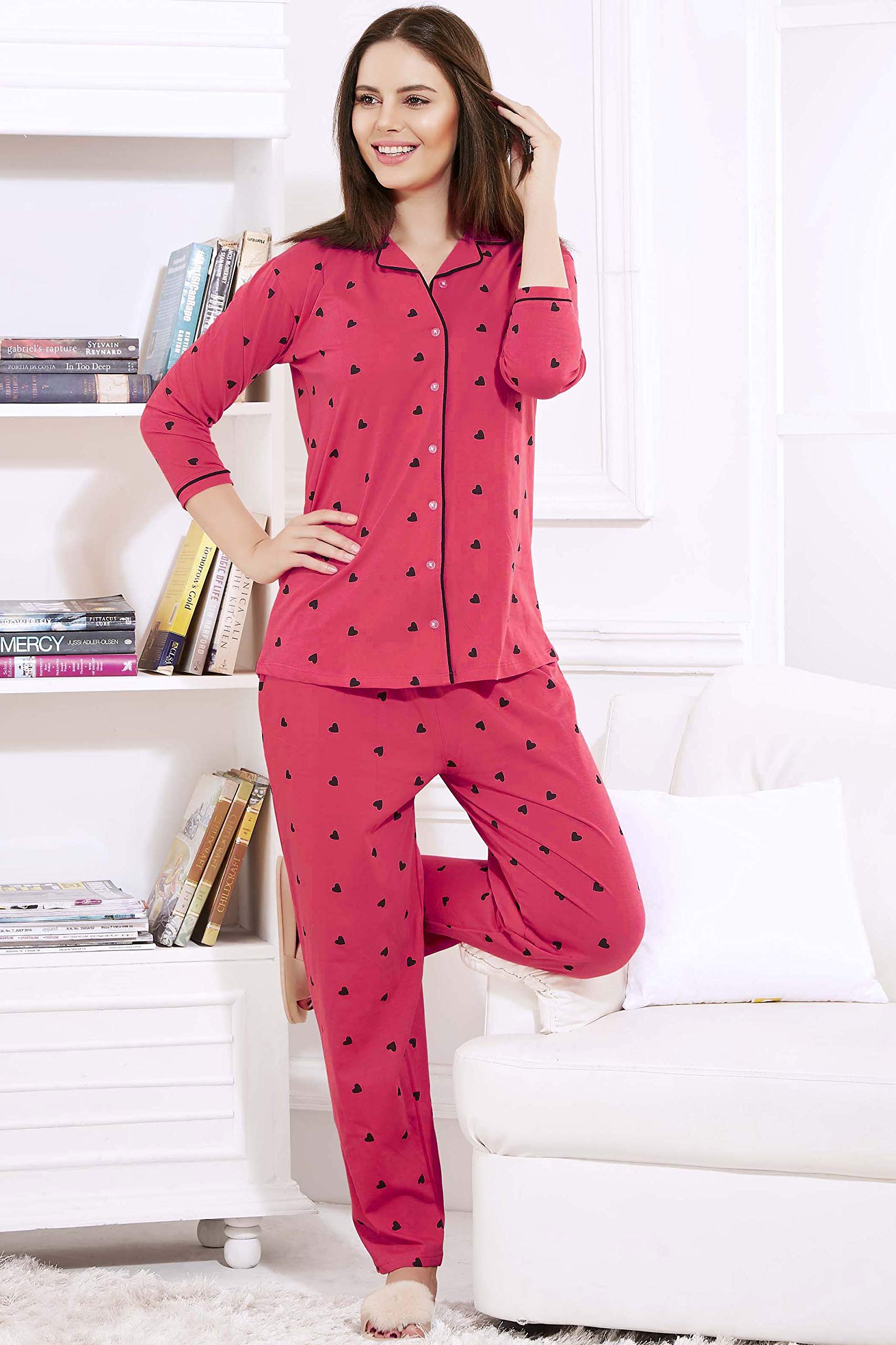 ZEYO Women's Cotton Heart Printed Dark Pink Night Suit Shirt & Pajama Set 5152 - Image 4