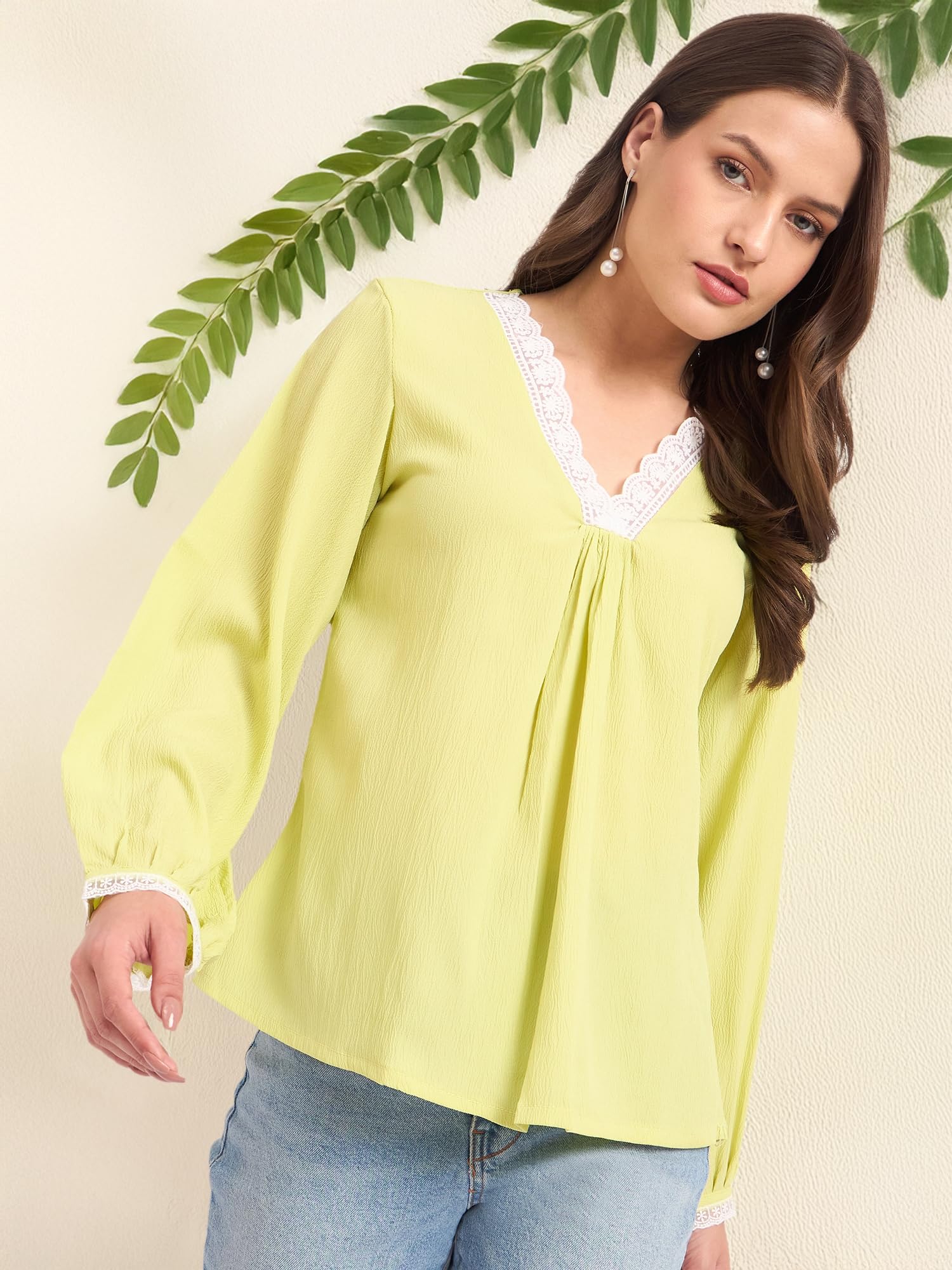 SheWill Lime Self Design Lace A-Line Top Stylish Ethnic and Western Tops for Women Summer Travel Wear Trendy Tops for Jeans Lightweight Comfortable Top Elegant and Chic Look ALLTP1250_RUS - Image 6