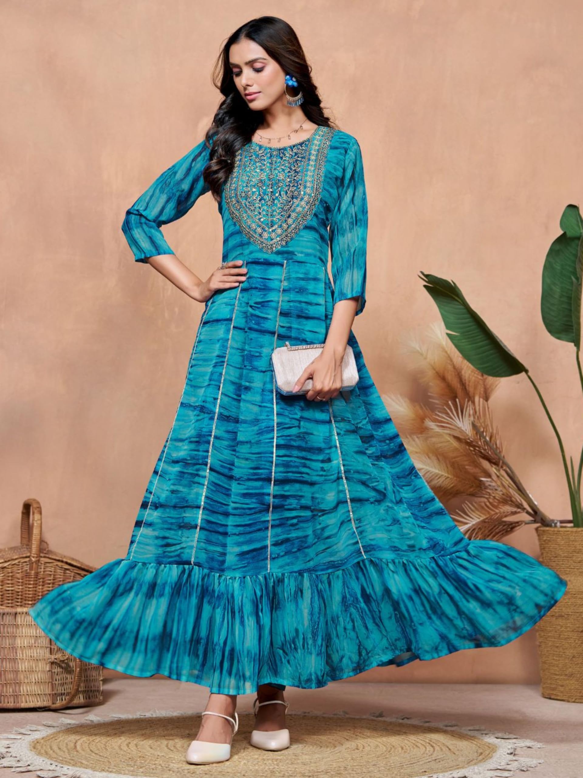 EthnicJunction Women Maxi Georgette Digital Print and Embroidered Flared Anarkali Dress Blue, Medium - Image 7