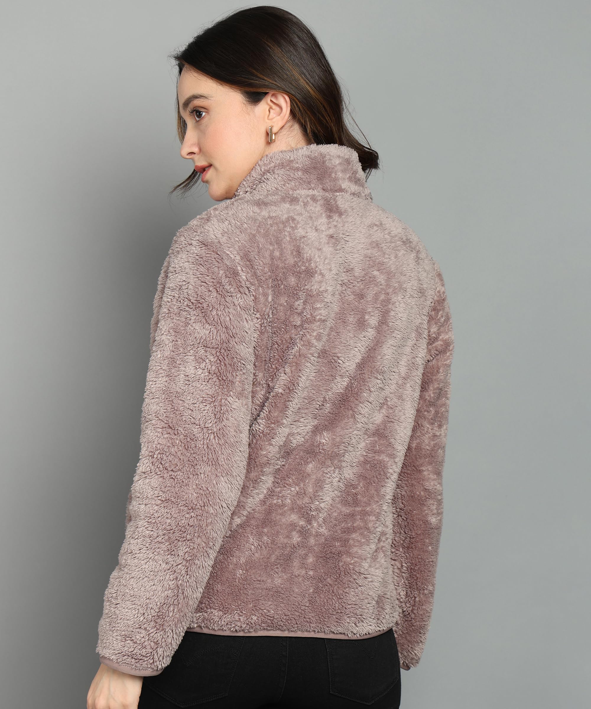 Alan Jones Clothing Women’s Fluffy Yarn Fleece Full-Zip Jacket | Soft Lightweight Warm Outerwear with Stand Collar & Piping at Hem & Cuffs - Image 5