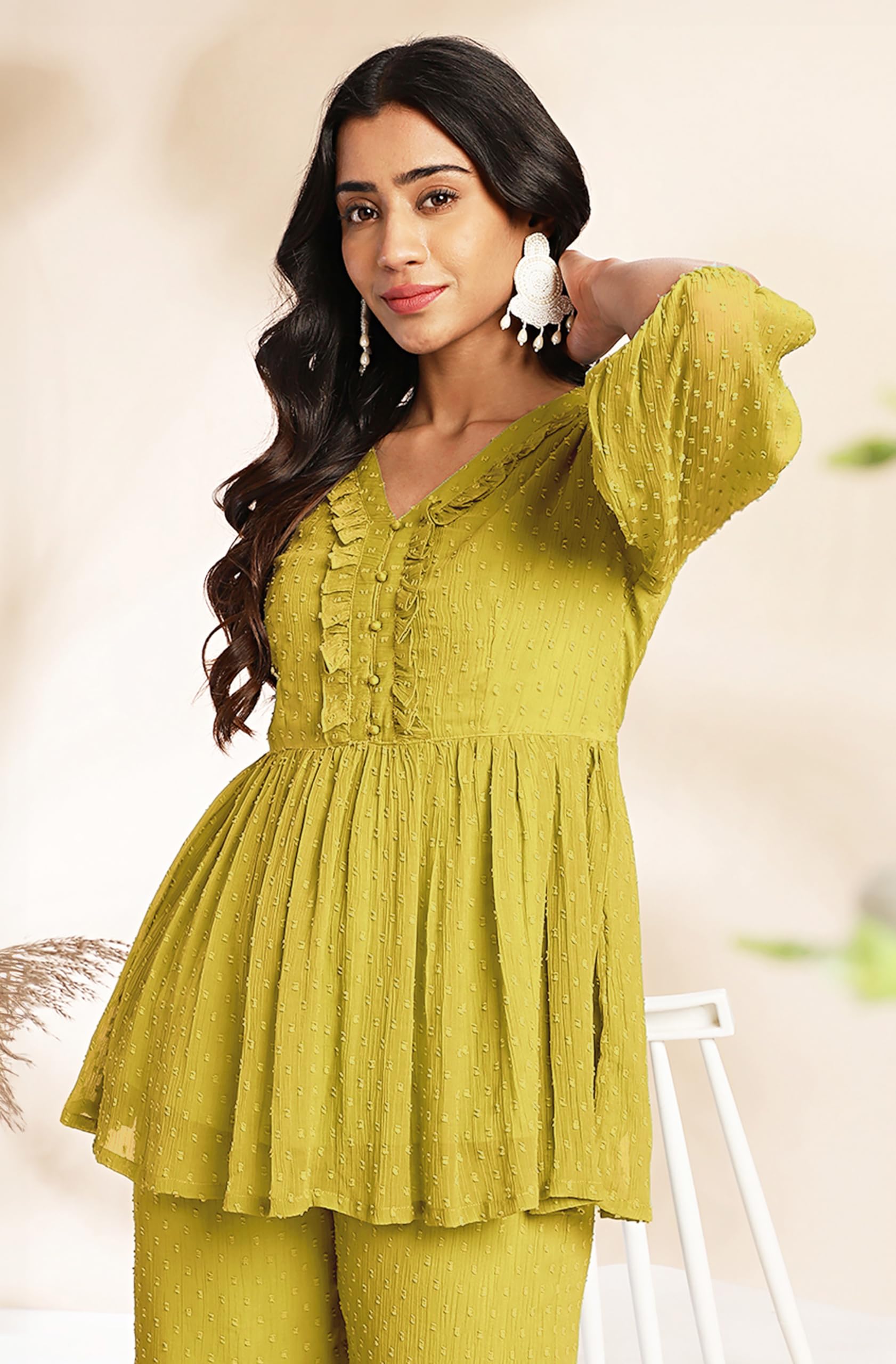 Janasya Women Dobby Chiffon Self Design Top & Pant Set Mustard Color Trending Outfit - Image 7