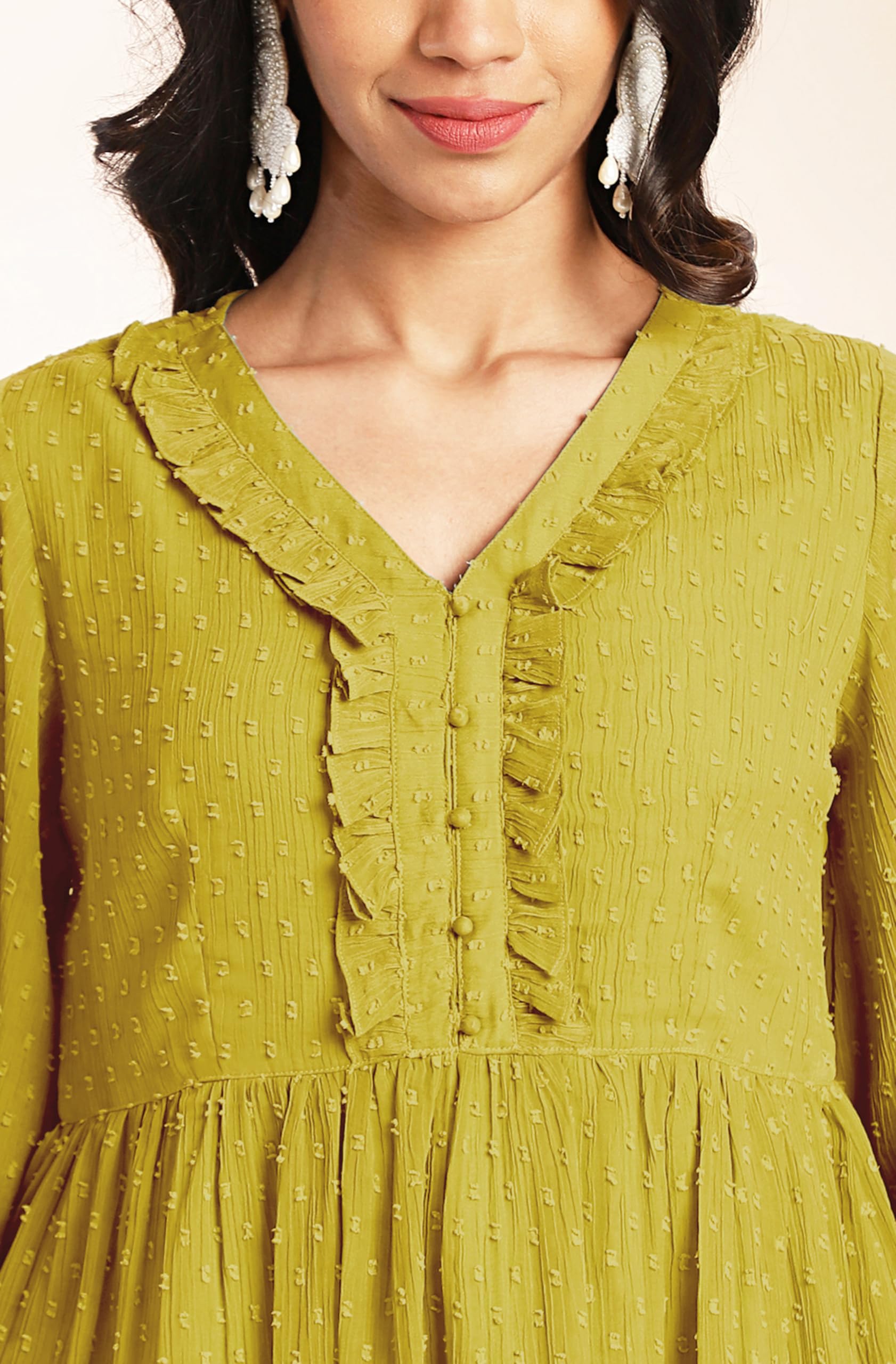 Janasya Women Dobby Chiffon Self Design Top & Pant Set Mustard Color Trending Outfit - Image 3