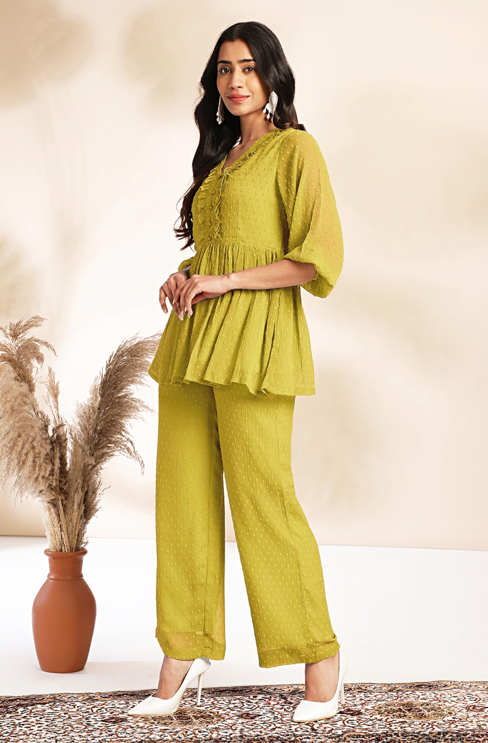 Janasya Women Dobby Chiffon Self Design Top & Pant Set Mustard Color Trending Outfit - Image 6