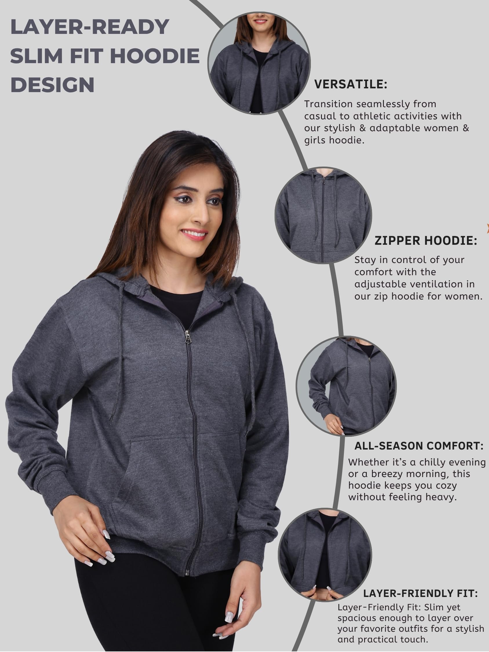 FALTU.CO Women’s Full Sleeve Cotton Zipper Hoodie with Pockets | Regular Fit Hooded Sweatshirt Pullover for Winter, Casual, Outdoor, Travel & Everyday Wear | Charcoal Grey | L - Image 3