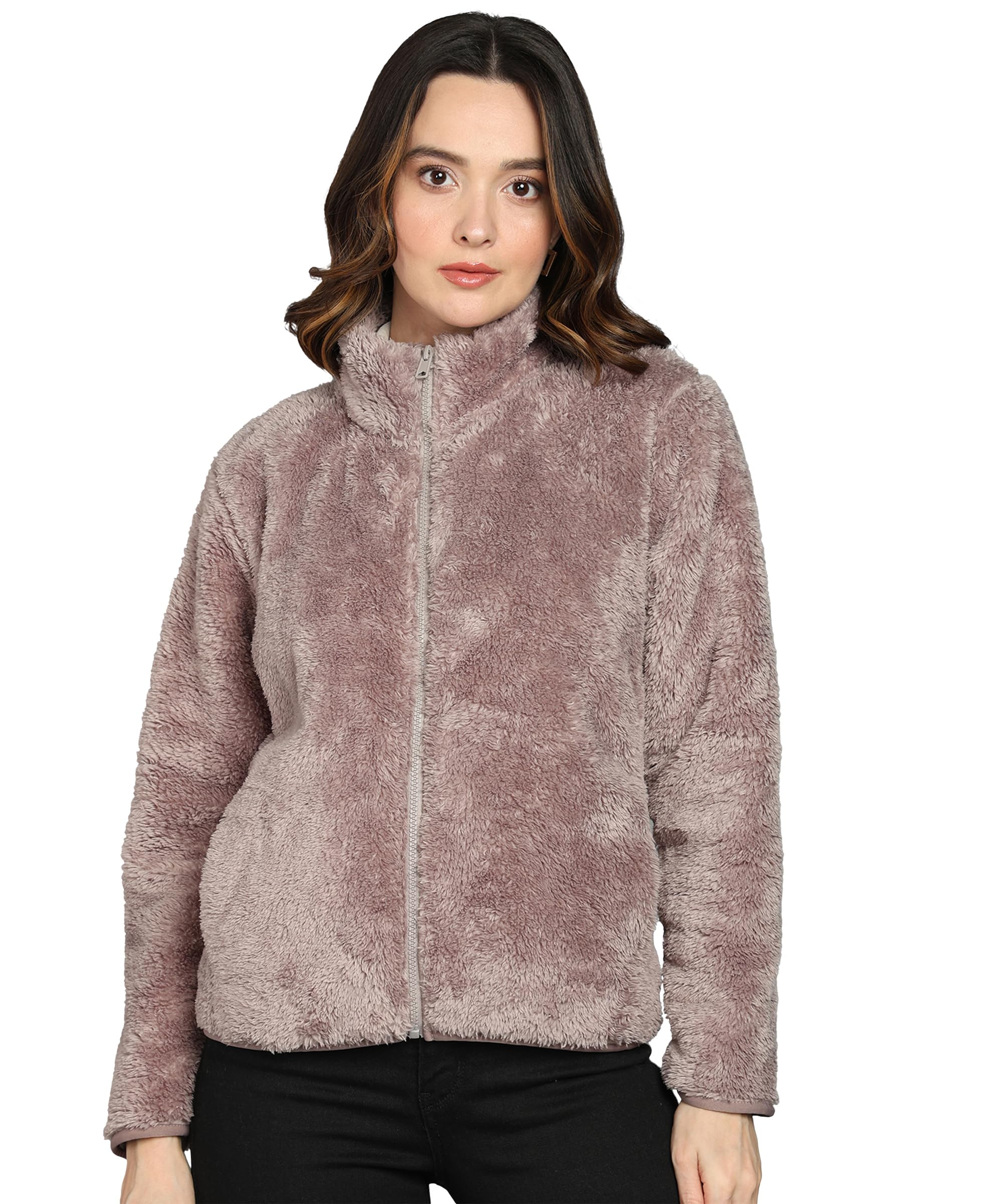Alan Jones Clothing Women’s Fluffy Yarn Fleece Full-Zip Jacket | Soft Lightweight Warm Outerwear with Stand Collar & Piping at Hem & Cuffs