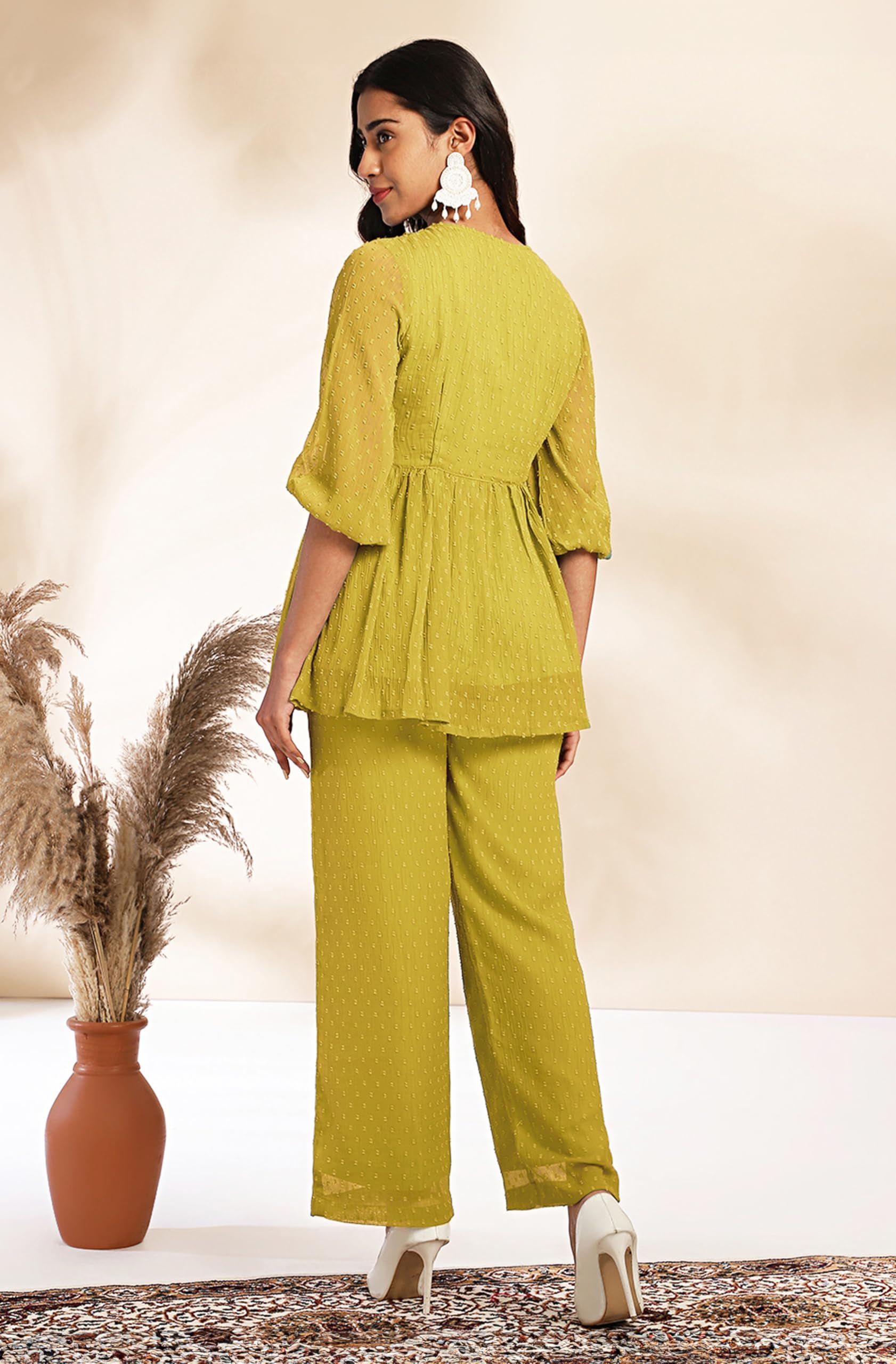 Janasya Women Dobby Chiffon Self Design Top & Pant Set Mustard Color Trending Outfit - Image 5