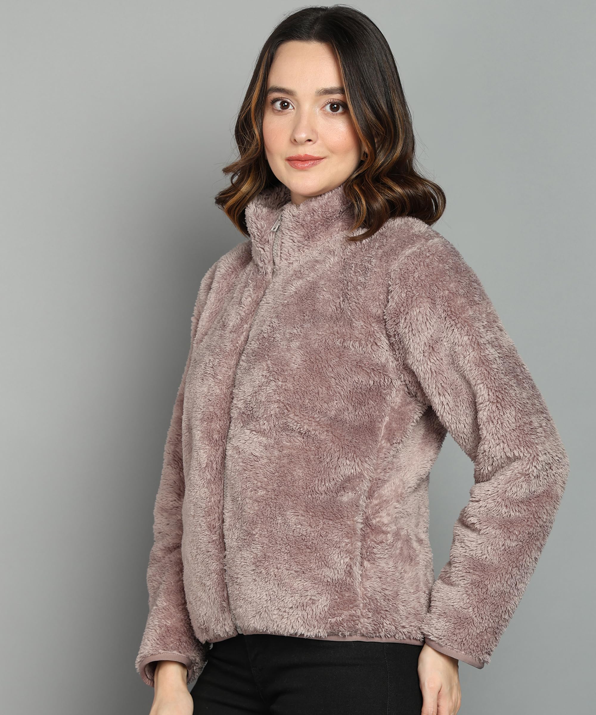 Alan Jones Clothing Women’s Fluffy Yarn Fleece Full-Zip Jacket | Soft Lightweight Warm Outerwear with Stand Collar & Piping at Hem & Cuffs - Image 6