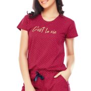 ZEYO Women's Cotton Dot Printed Maroon Red Night Suit Set of Top & Shorts 5228