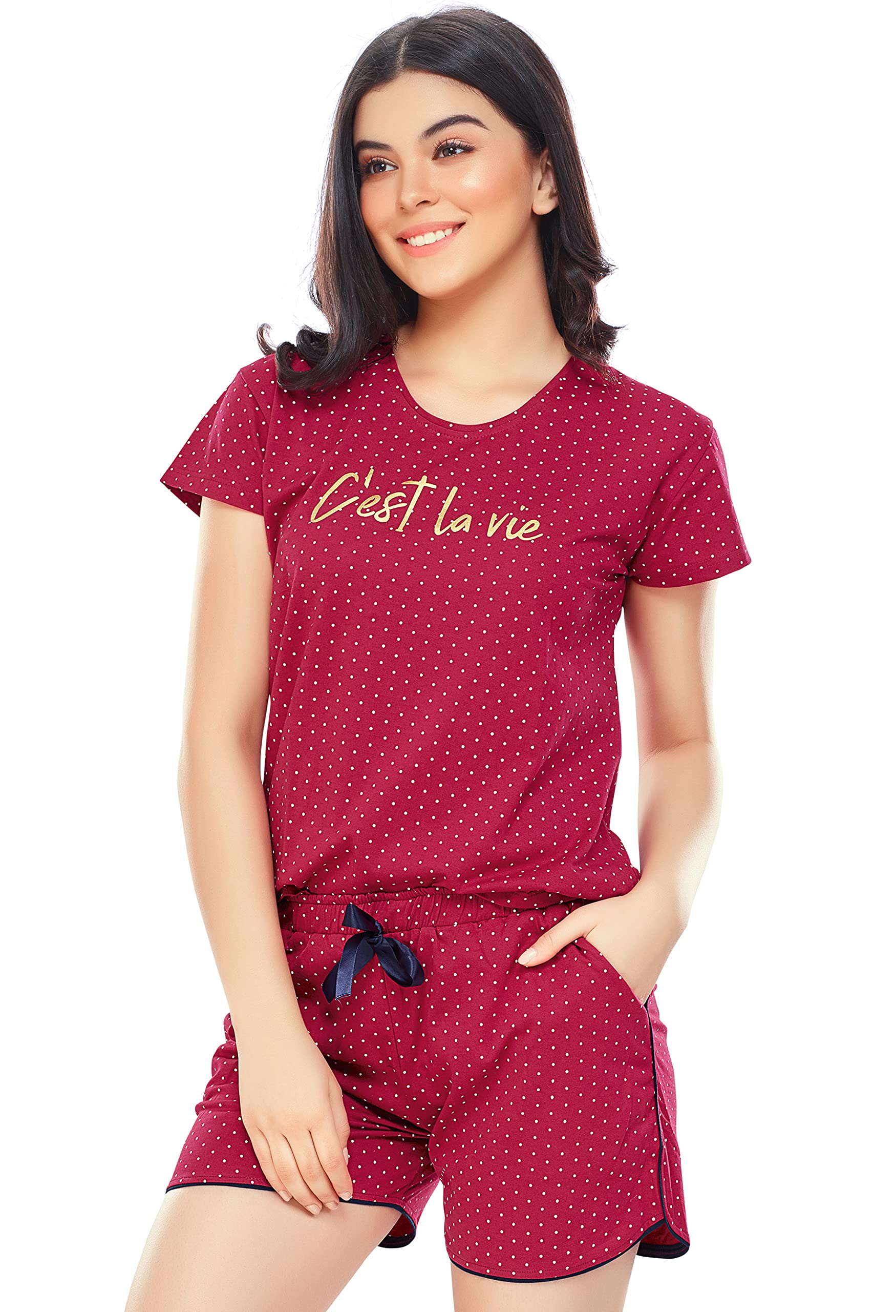 ZEYO Women's Cotton Dot Printed Maroon Red Night Suit Set of Top & Shorts 5228