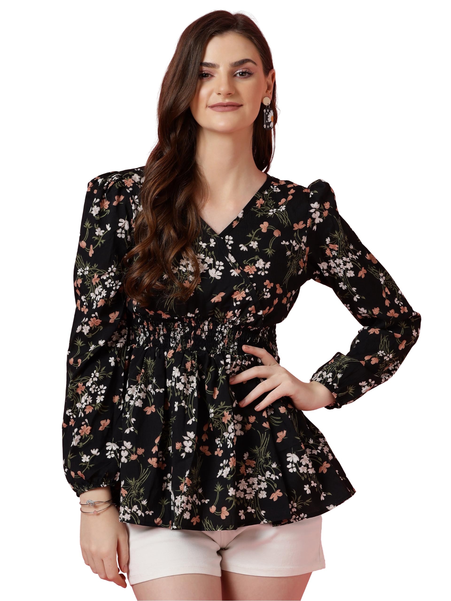 Sheetal Associates Women's Casual Puff Sleeves Floral Print Peplum Top