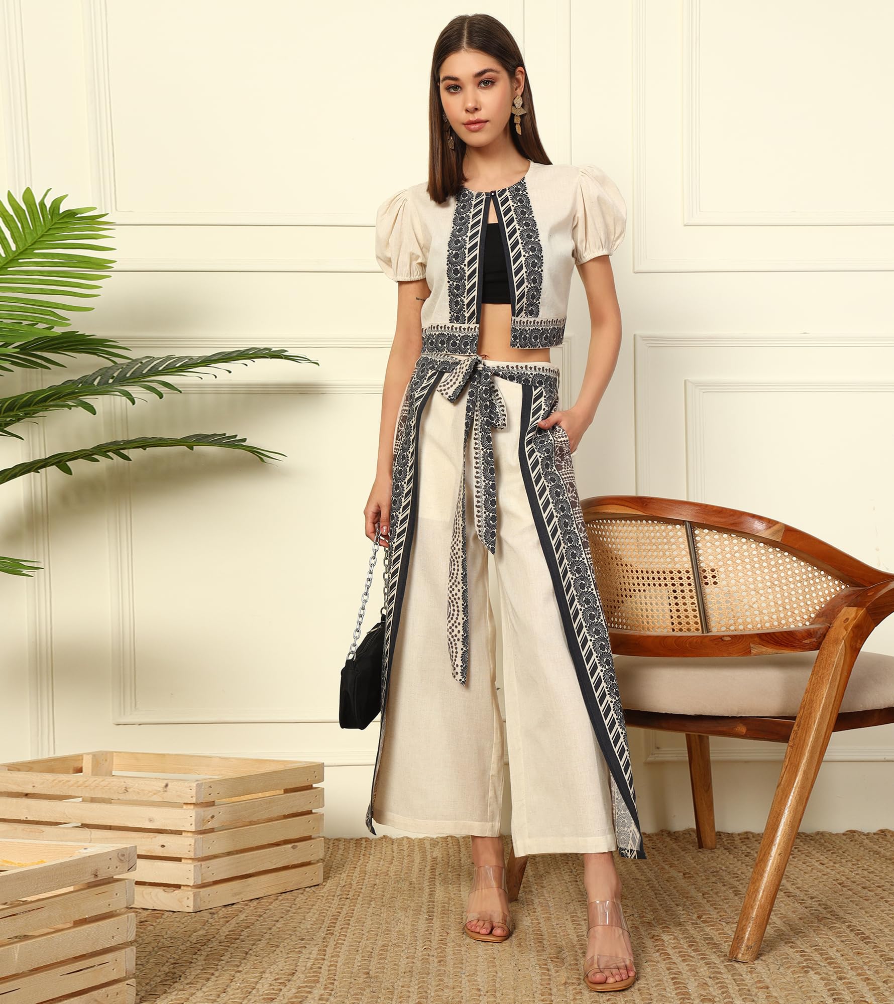 DEEBACO Solid with Printed Cotton Flex Shrug with Flap Pants Women's Co-Ord Set|Puff Sleeves Round Neck Long Length Relax Fit Summer Western Casual Wear Ladies Cord Set - Image 9