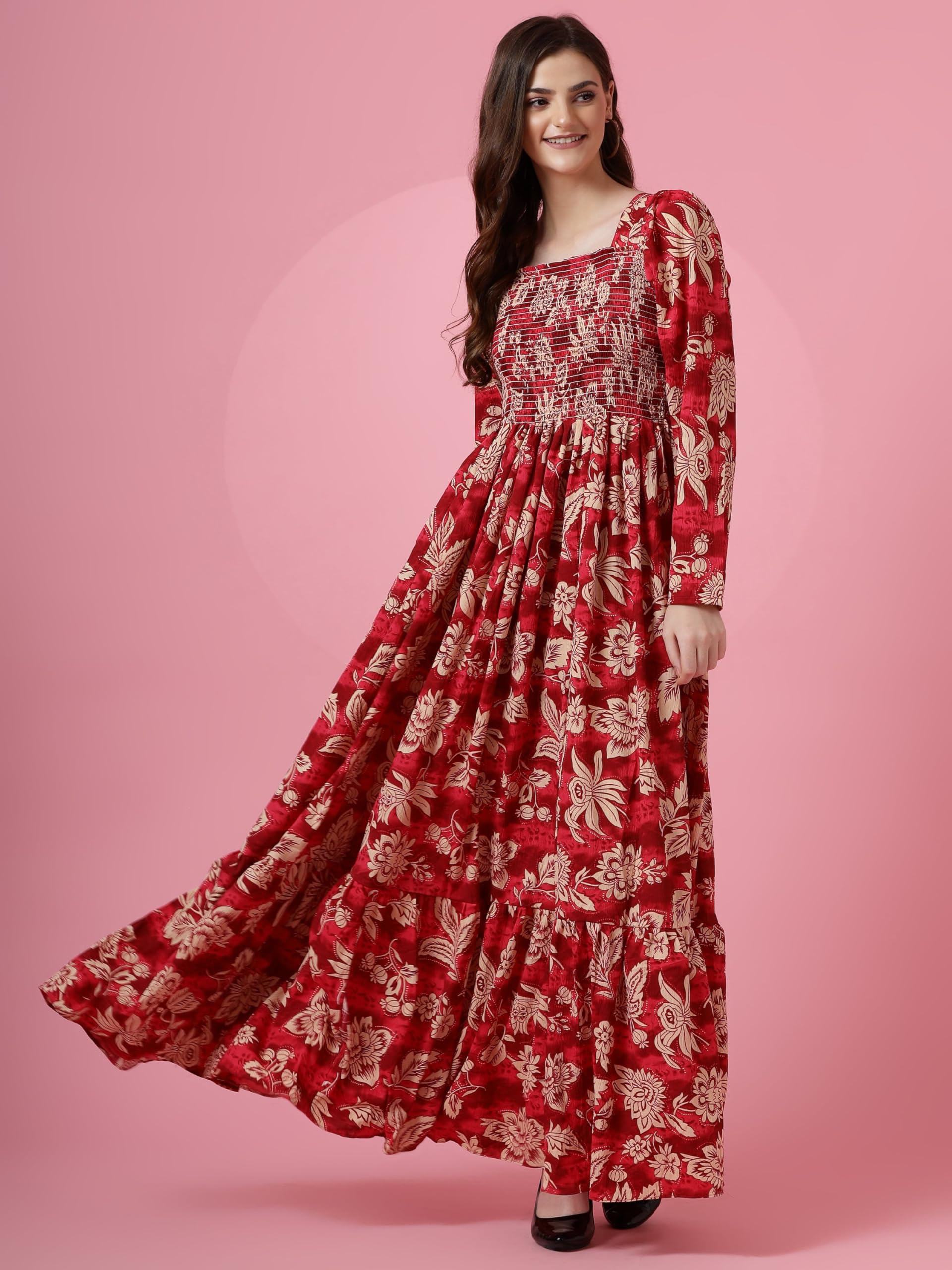 Sheetal Associates Women's Maxi Floral Print Crepe Regular Sleeves Casual Dress Red - Image 3