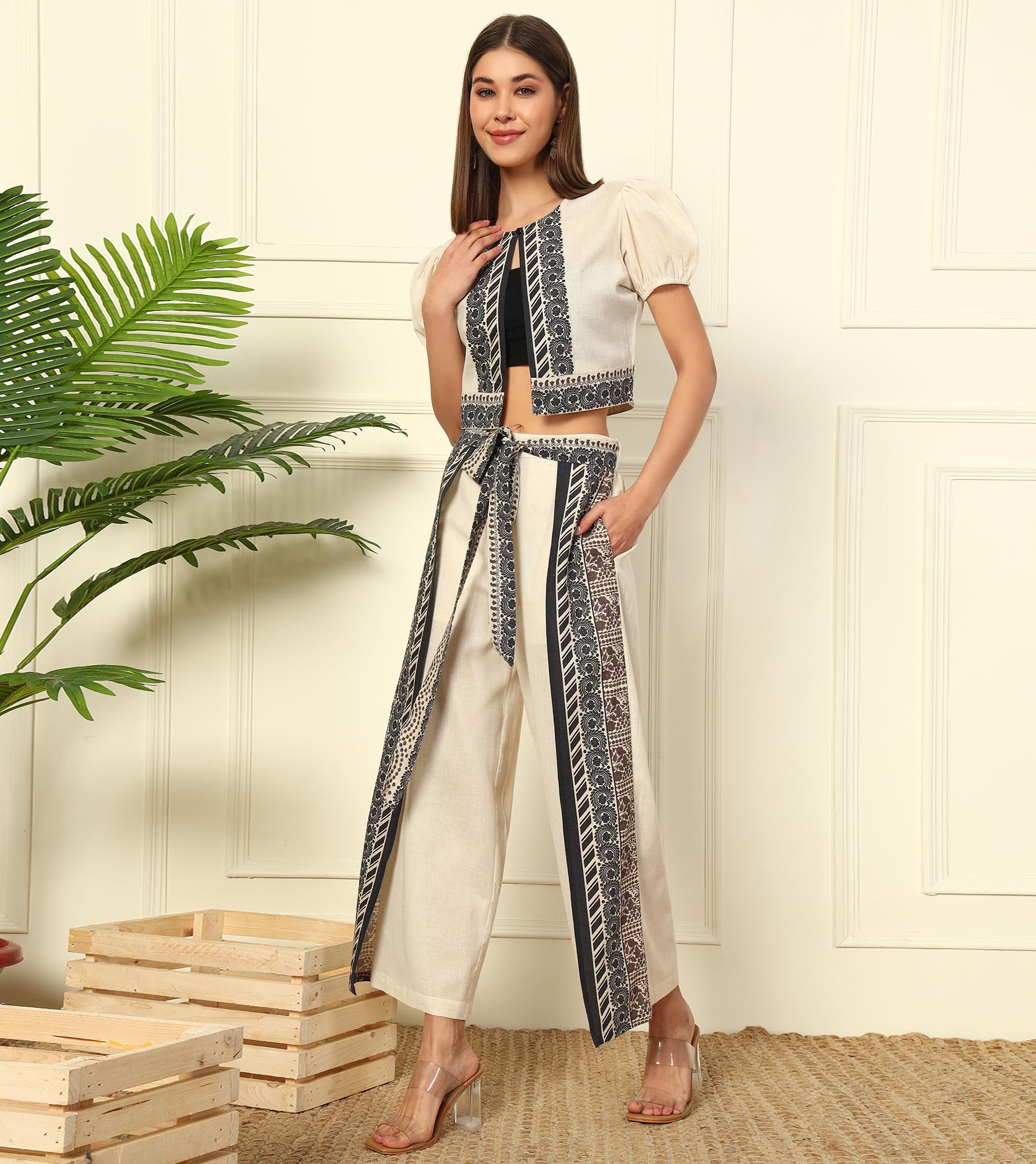 DEEBACO Solid with Printed Cotton Flex Shrug with Flap Pants Women's Co-Ord Set|Puff Sleeves Round Neck Long Length Relax Fit Summer Western Casual Wear Ladies Cord Set - Image 6