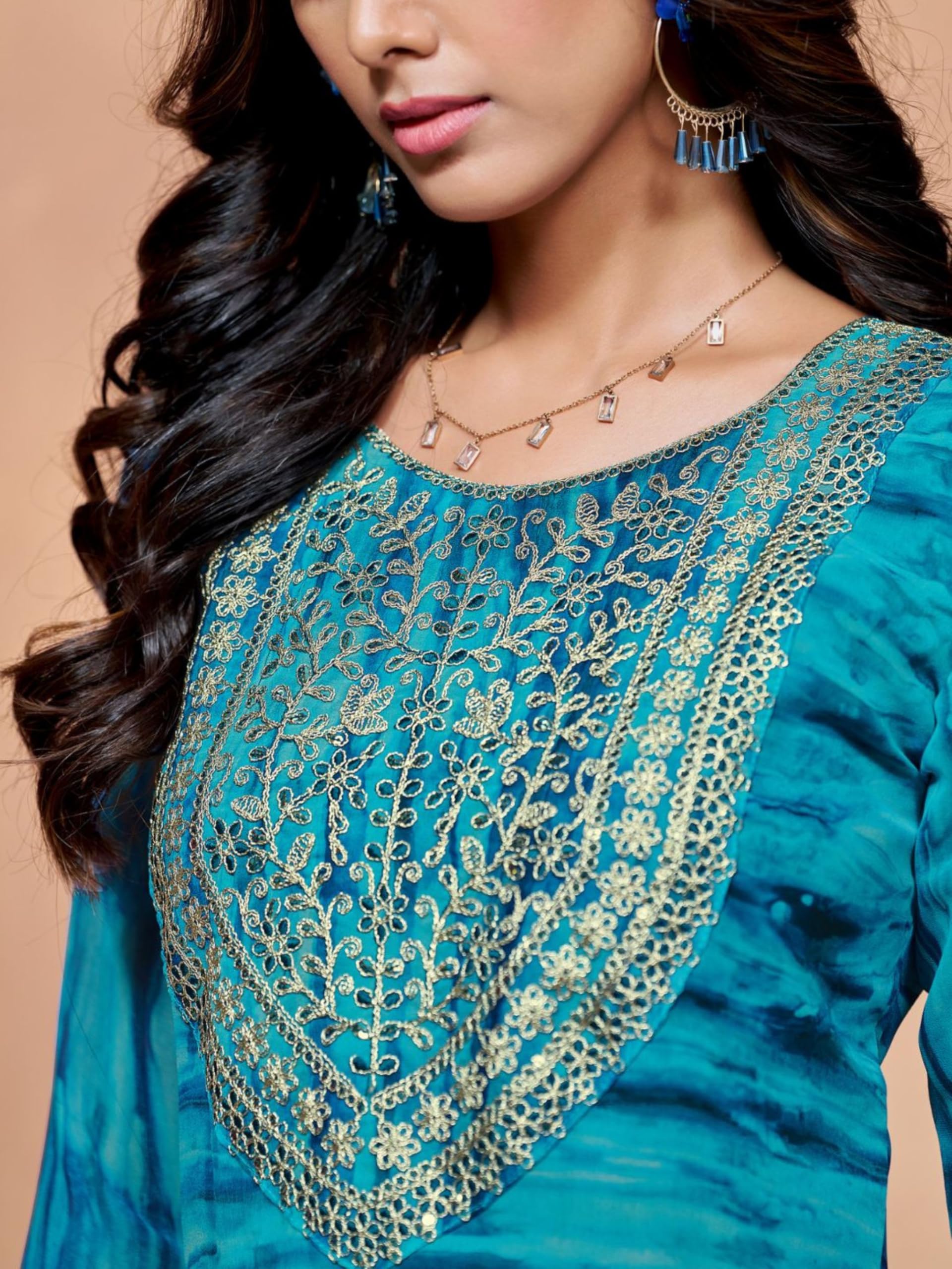 EthnicJunction Women Maxi Georgette Digital Print and Embroidered Flared Anarkali Dress Blue, Medium - Image 3