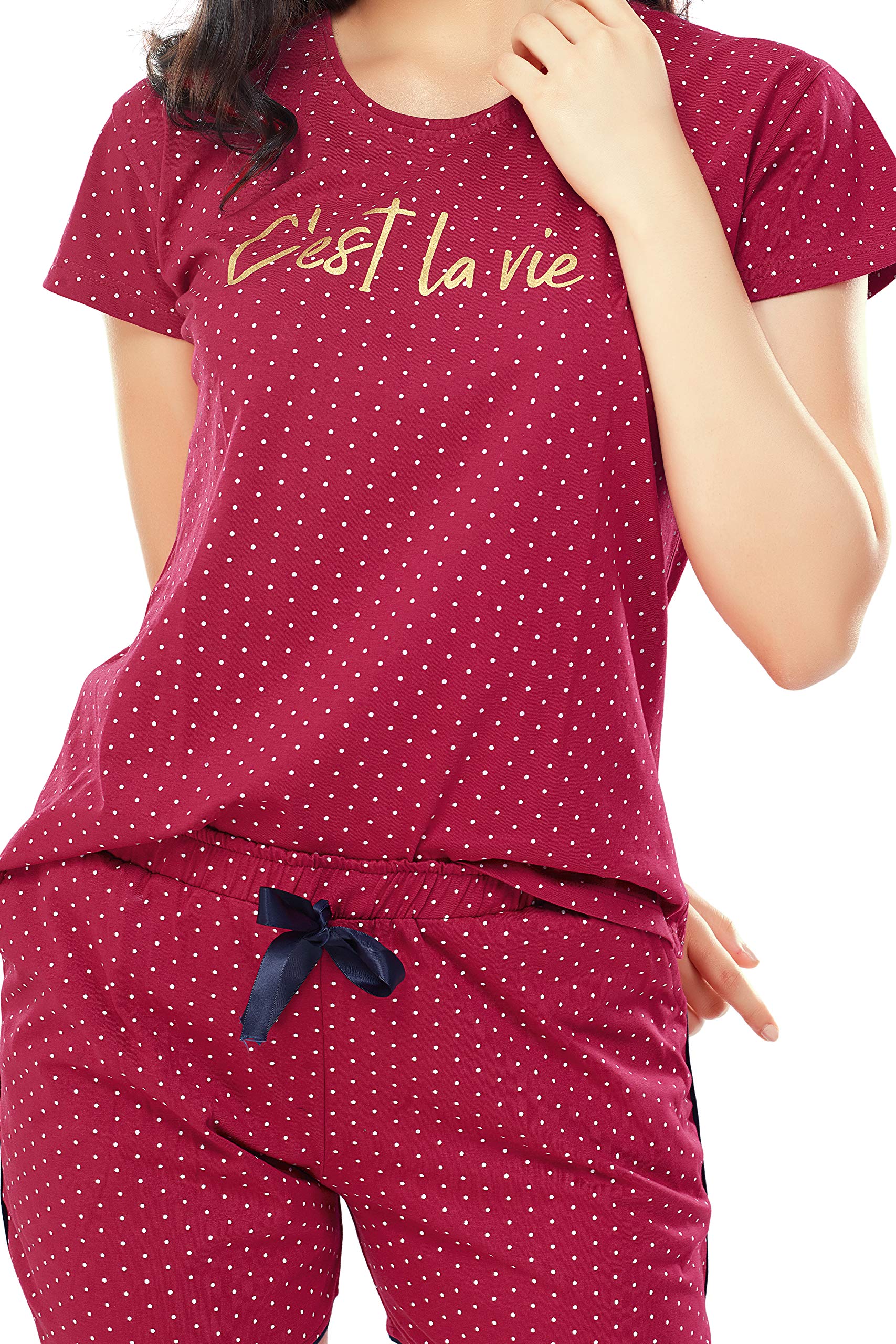 ZEYO Women's Cotton Dot Printed Maroon Red Night Suit Set of Top & Shorts 5228 - Image 7