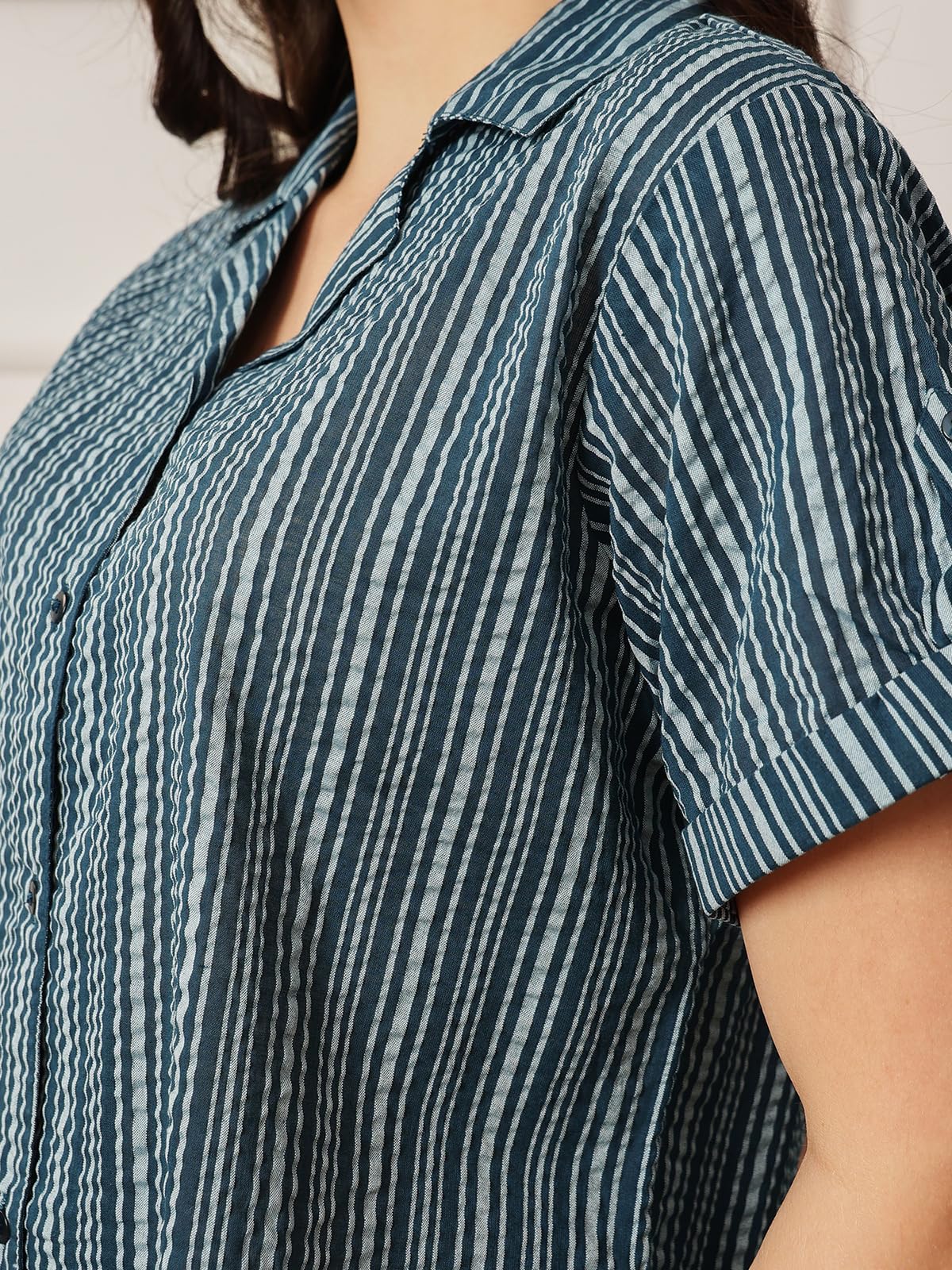 Clovia Women Rayon Blend Sassy Stripes Button Me Up Shirt & Pyjama Set - Image 4