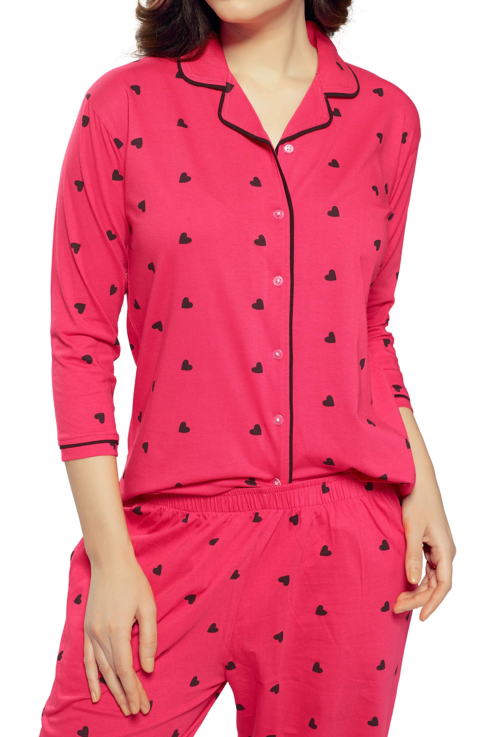 ZEYO Women's Cotton Heart Printed Dark Pink Night Suit Shirt & Pajama Set 5152 - Image 7