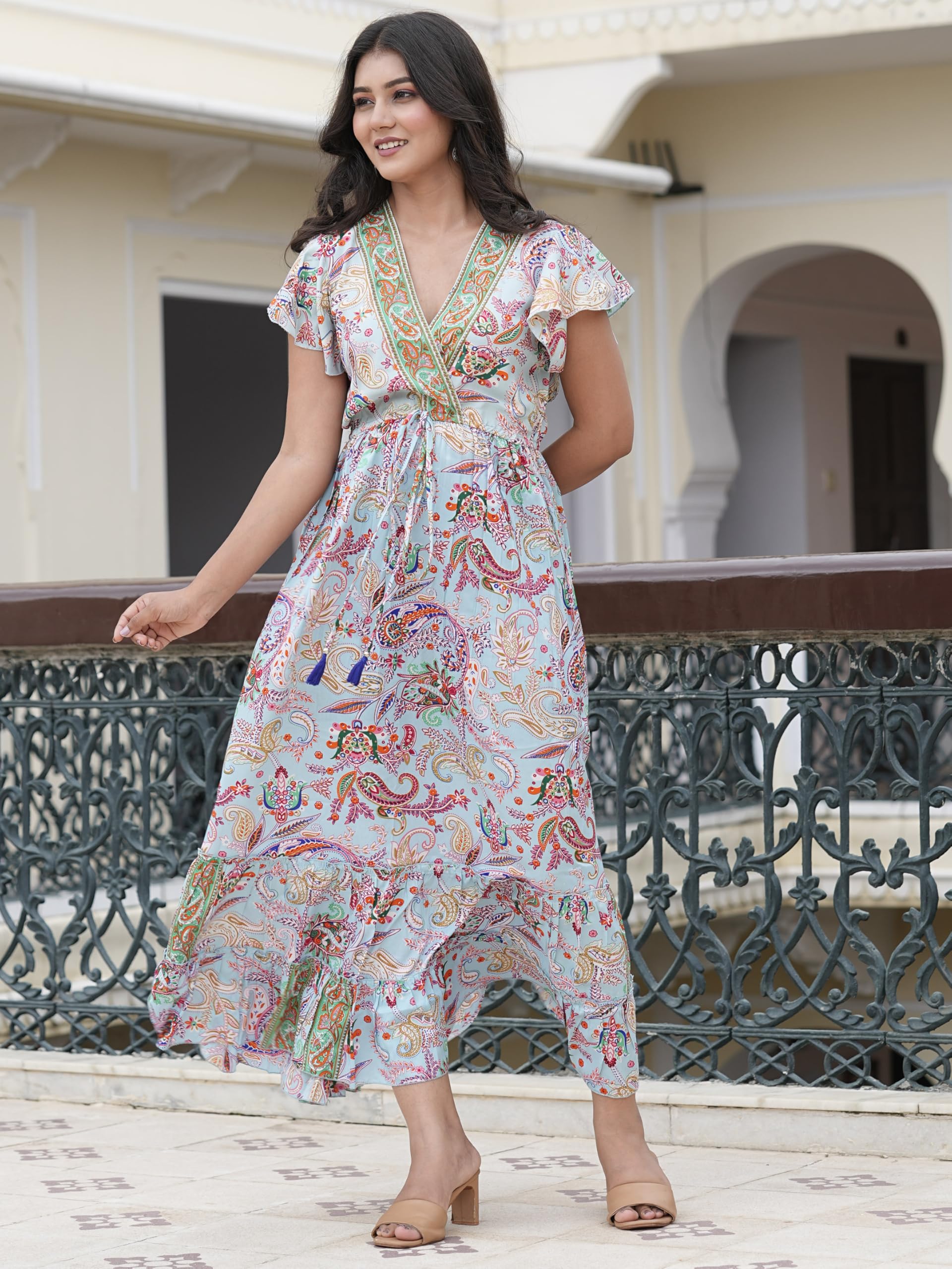 Yash Gallery Women's Polyester V-Neck Ruffle Sleeve Digital Printed Tiered Maxi Dress for Women - Image 5