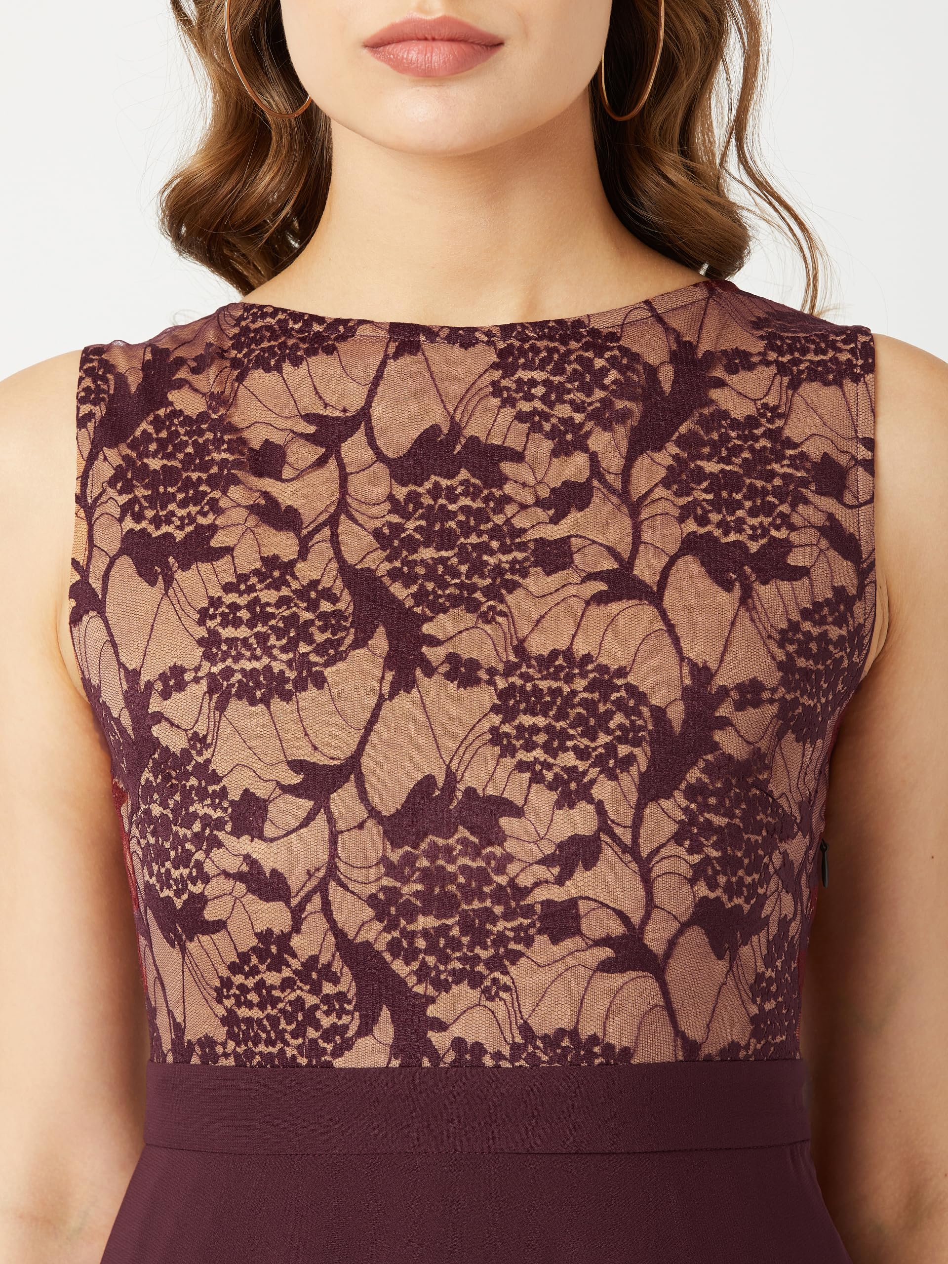 Miss Chase Women's Round Neck Sleeveless Georgette Floral Lace Fit & Flare Maxi Dress, Small, Wine - Image 3