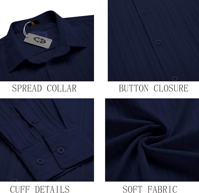 CB-COLEBROOK Men's Casual Button Down Shirts Long Sleeve Linen Shirt Fashion Textured Beach Summer Shirt (in, Alpha, M, Regular, Navy Blue) - Image 3