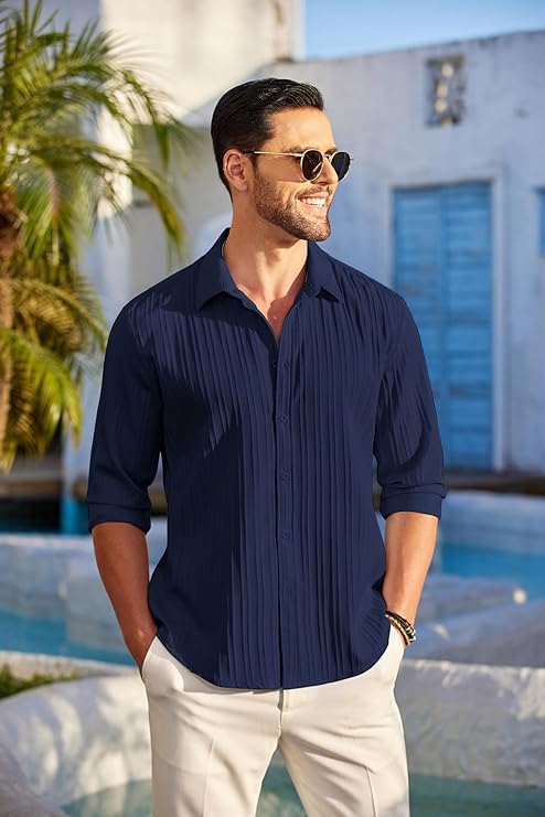 CB-COLEBROOK Men's Casual Button Down Shirts Long Sleeve Linen Shirt Fashion Textured Beach Summer Shirt (in, Alpha, M, Regular, Navy Blue) - Image 6