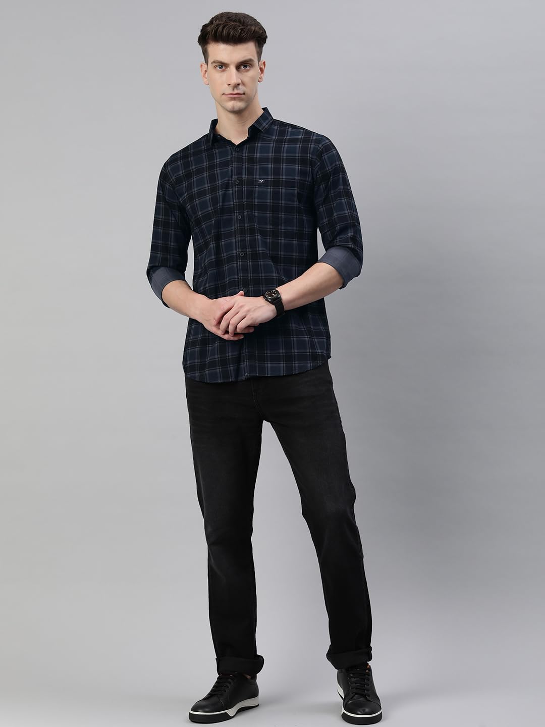 Majestic Man Small Checkered Slim Fit Cotton Casual Shirt (Large, Charcoal Grey, Men) - Image 3