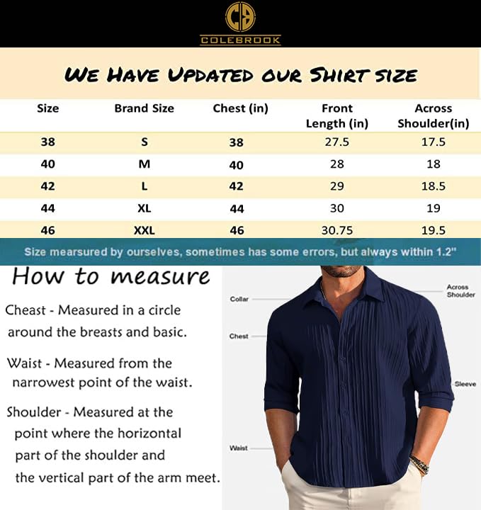 CB-COLEBROOK Men's Casual Button Down Shirts Long Sleeve Linen Shirt Fashion Textured Beach Summer Shirt (in, Alpha, M, Regular, Navy Blue) - Image 2