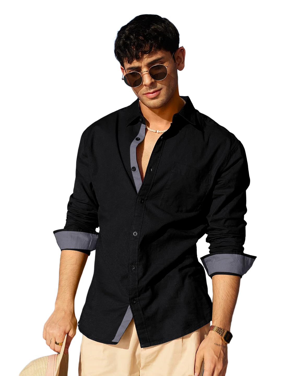Pinkmint Casual Shirt for Men Stylish Men's Shirt Soild Regular Fit Long Sleeve Formal Wear Black