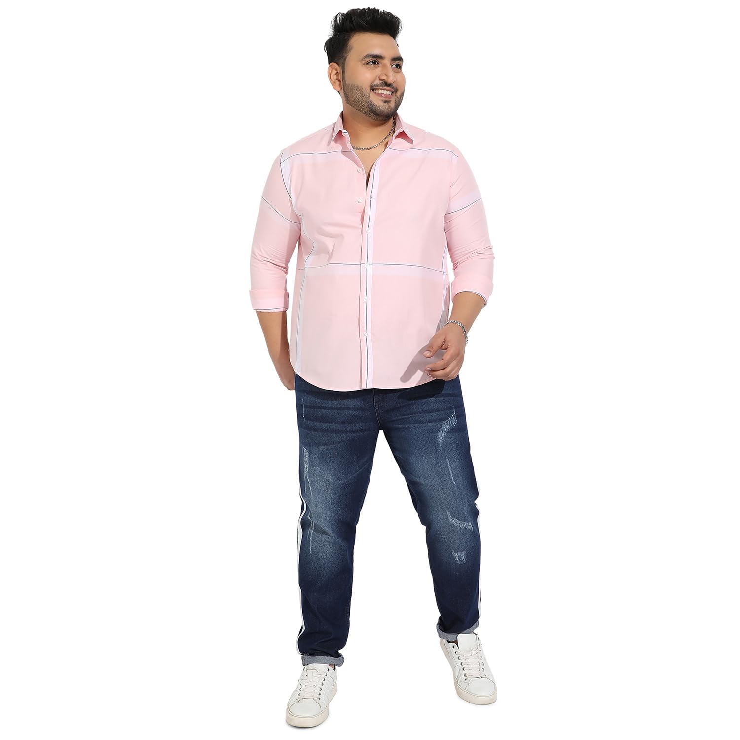Instafab Plus Men's Pink Pastel Striped Button Up Plus-Size Fit Shirt for Casual Wear | Cotton Twill Spread Collar Shirt Crafted with Regular Sleeve & Comfort Fit for Everyday Wear - Image 5