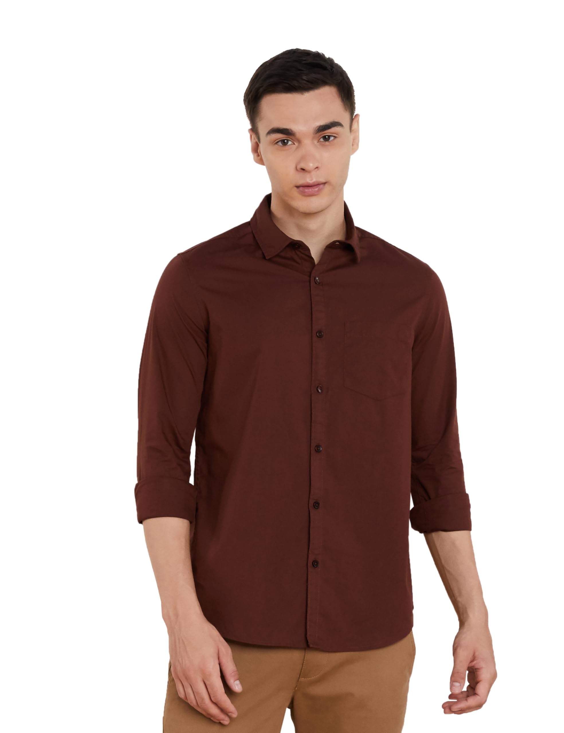 Amazon Brand - Symbol Men's Solid Slim Fit Cotton Casual Shirt | Plain | Full Sleeve (Available in Plus Size) (SY-A25-CS-2501-Brown-M)