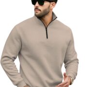 Men's Half Zipper Sweatshirt Fleece Material Collared Winter Wear Loose Fit Warm Pullover Jacket Casual Outerwear for Cold Weather Comfortable Stylish Everyday Use - IN, Alpha, L, Standard, Off white