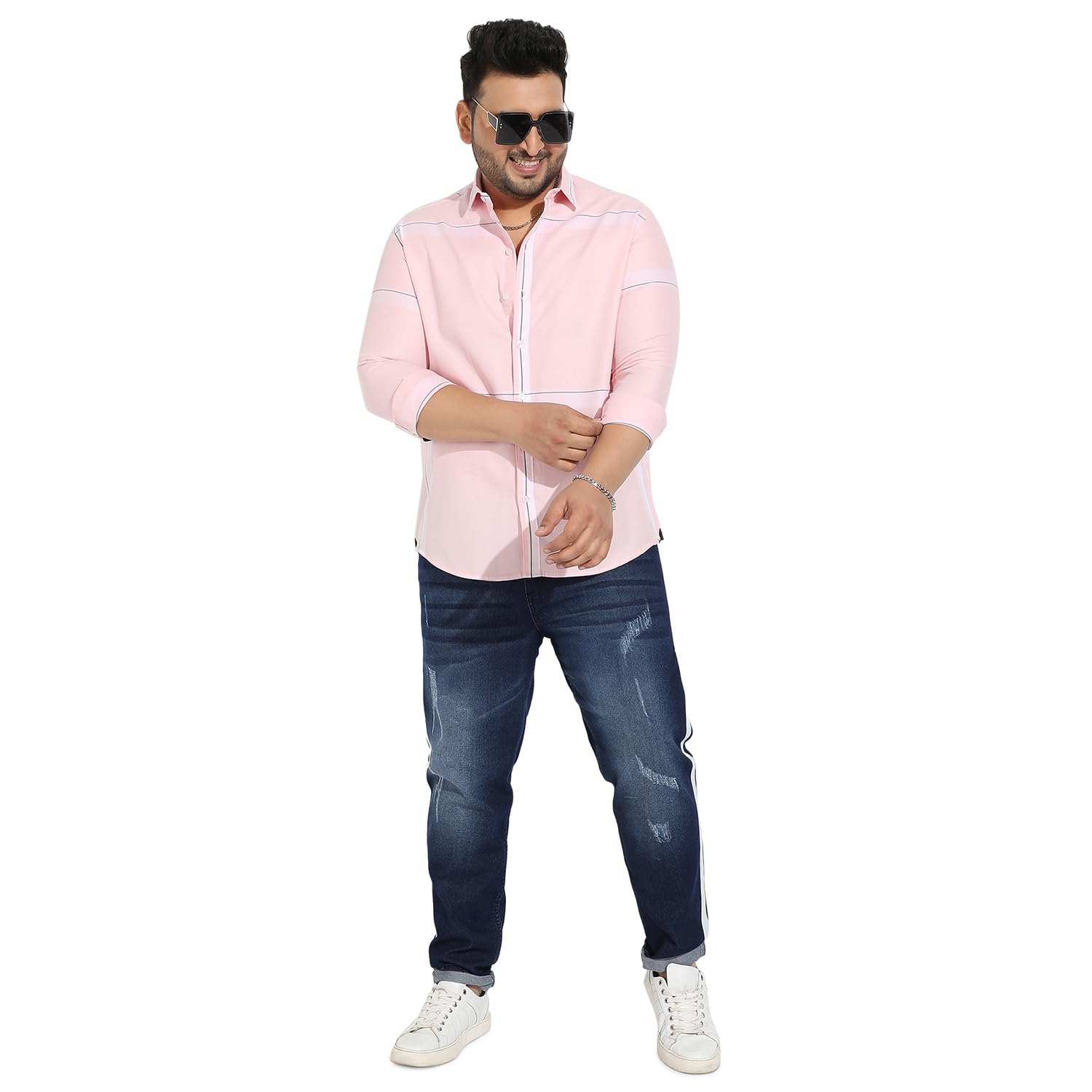 Instafab Plus Men's Pink Pastel Striped Button Up Plus-Size Fit Shirt for Casual Wear | Cotton Twill Spread Collar Shirt Crafted with Regular Sleeve & Comfort Fit for Everyday Wear - Image 4