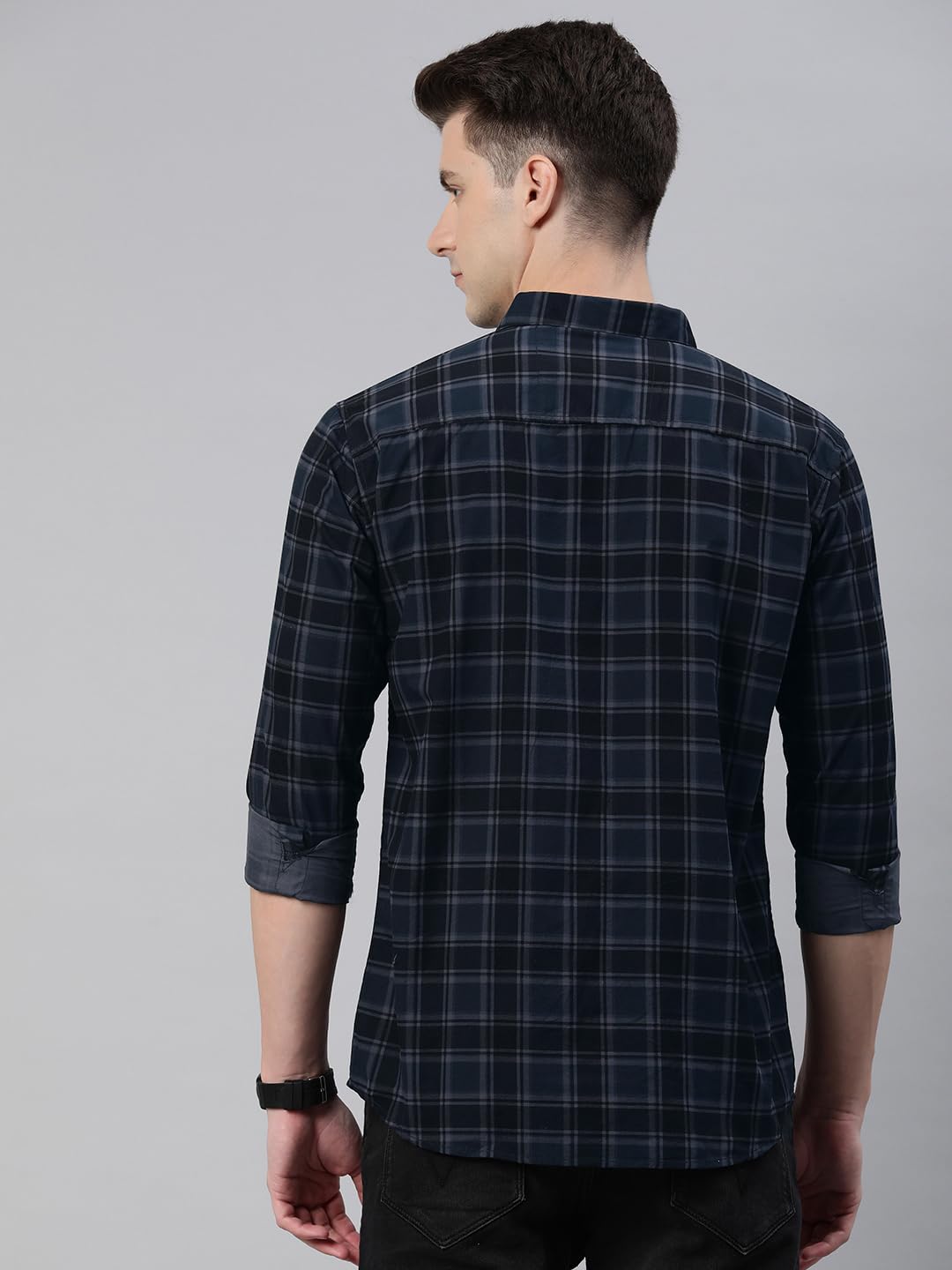 Majestic Man Small Checkered Slim Fit Cotton Casual Shirt (Large, Charcoal Grey, Men) - Image 4