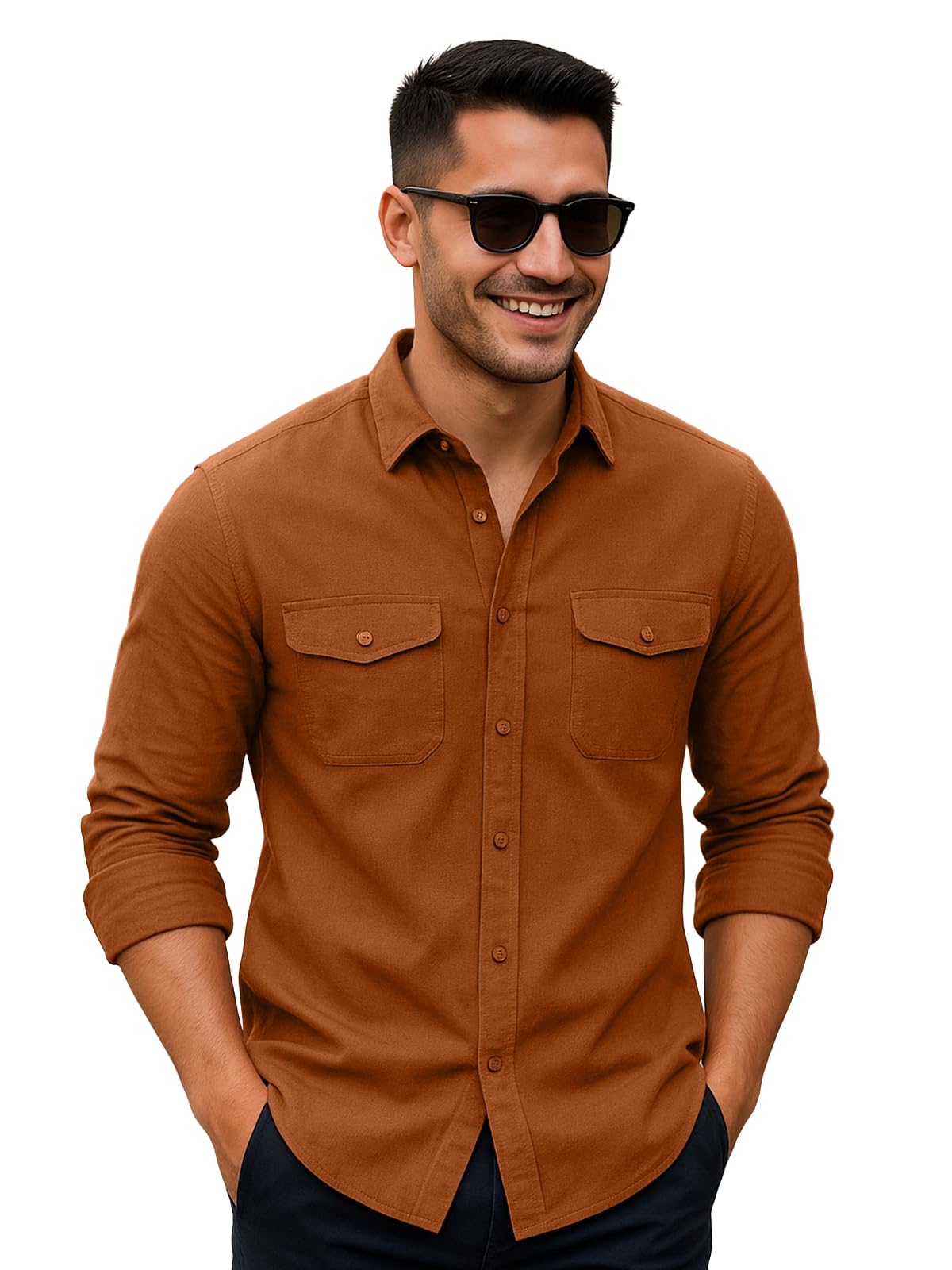 Veirdo® Men's Pure Cotton Utility Shirt | Full Sleeve Casual Button-Down with Dual Chest Pockets | Stylish & Comfortable Everyday Wear | VD_FS_RC_SH_RST_M Rust