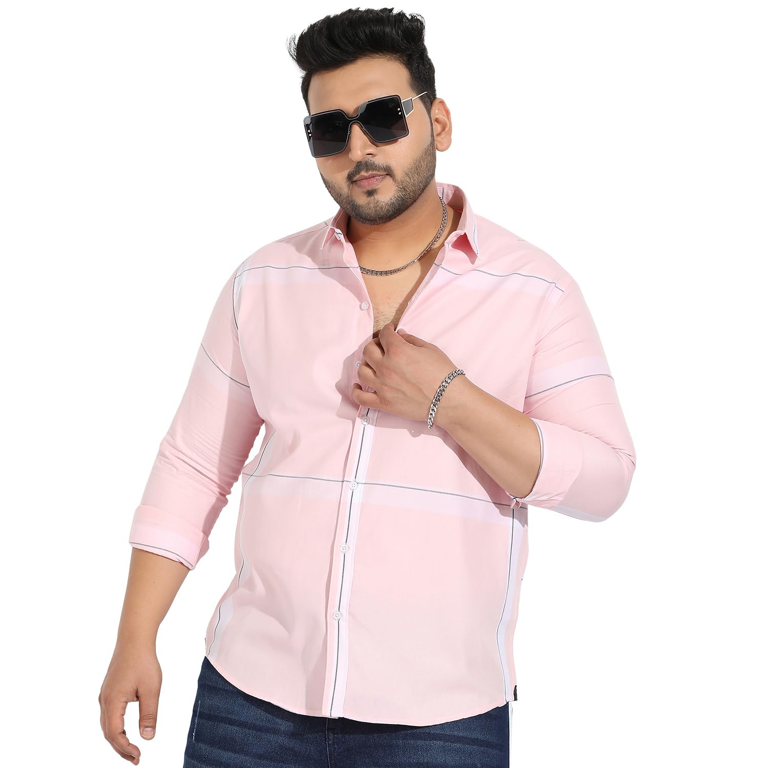 Instafab Plus Men's Pink Pastel Striped Button Up Plus-Size Fit Shirt for Casual Wear | Cotton Twill Spread Collar Shirt Crafted with Regular Sleeve & Comfort Fit for Everyday Wear - Image 2