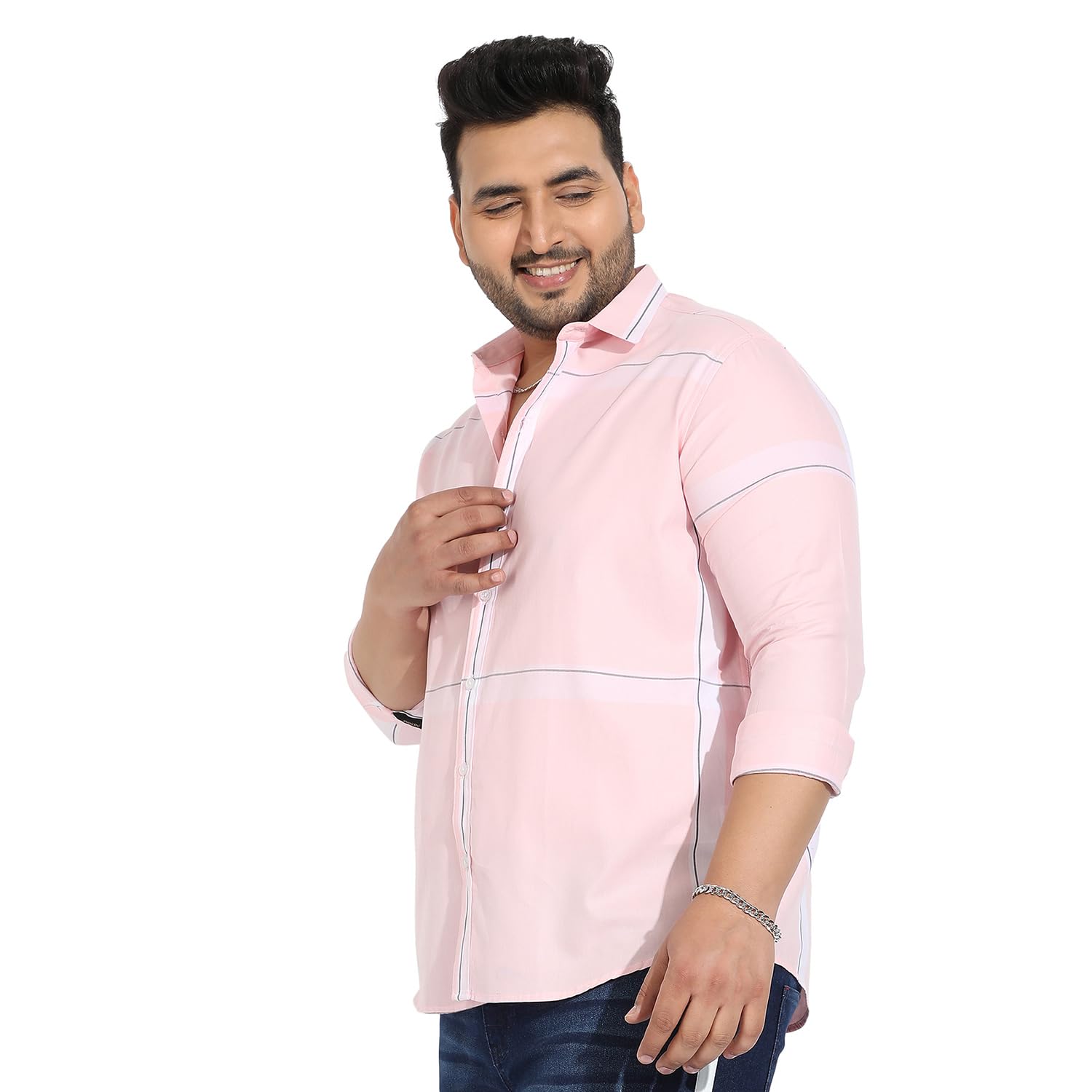 Instafab Plus Men's Pink Pastel Striped Button Up Plus-Size Fit Shirt for Casual Wear | Cotton Twill Spread Collar Shirt Crafted with Regular Sleeve & Comfort Fit for Everyday Wear - Image 7