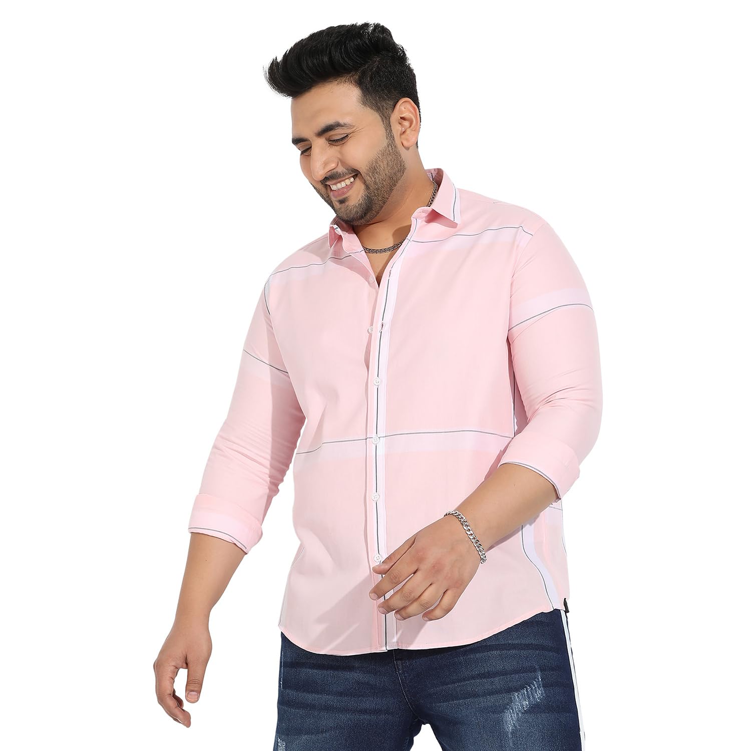 Instafab Plus Men's Pink Pastel Striped Button Up Plus-Size Fit Shirt for Casual Wear | Cotton Twill Spread Collar Shirt Crafted with Regular Sleeve & Comfort Fit for Everyday Wear