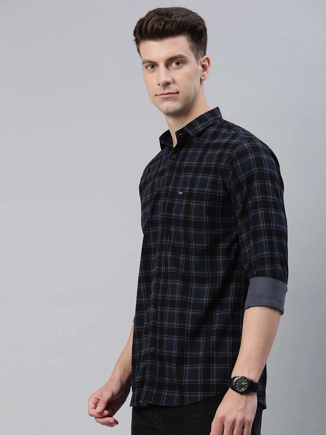 Majestic Man Small Checkered Slim Fit Cotton Casual Shirt (Large, Charcoal Grey, Men) - Image 5