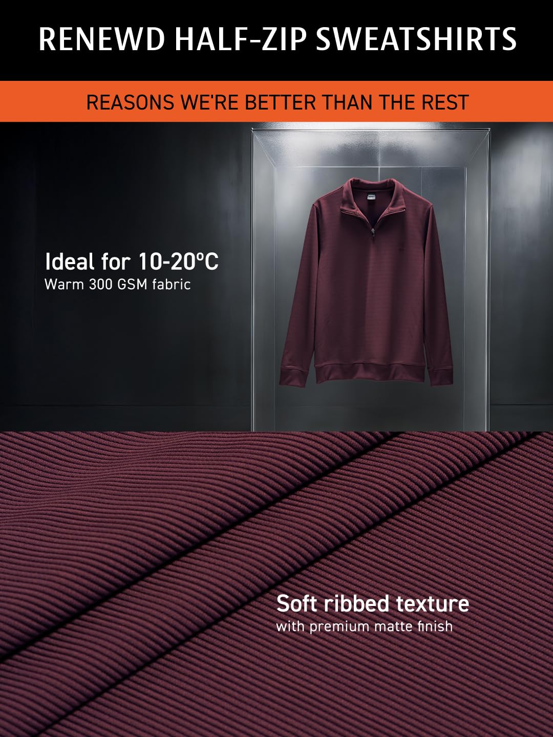 DAMENSCH ReNEWd Soft Ribbed Texture, Strong Durable Fabric, Dyes Ottoman Half-Zip Sweatshirts - Eclipse Black - XL - Image 8