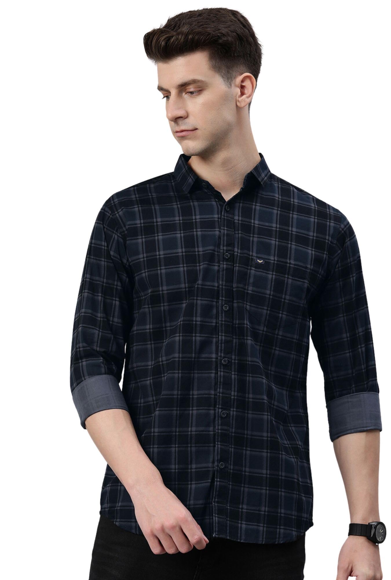 Majestic Man Small Checkered Slim Fit Cotton Casual Shirt (Large, Charcoal Grey, Men)