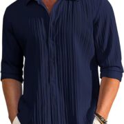 CB-COLEBROOK Men's Casual Button Down Shirts Long Sleeve Linen Shirt Fashion Textured Beach Summer Shirt (in, Alpha, M, Regular, Navy Blue)