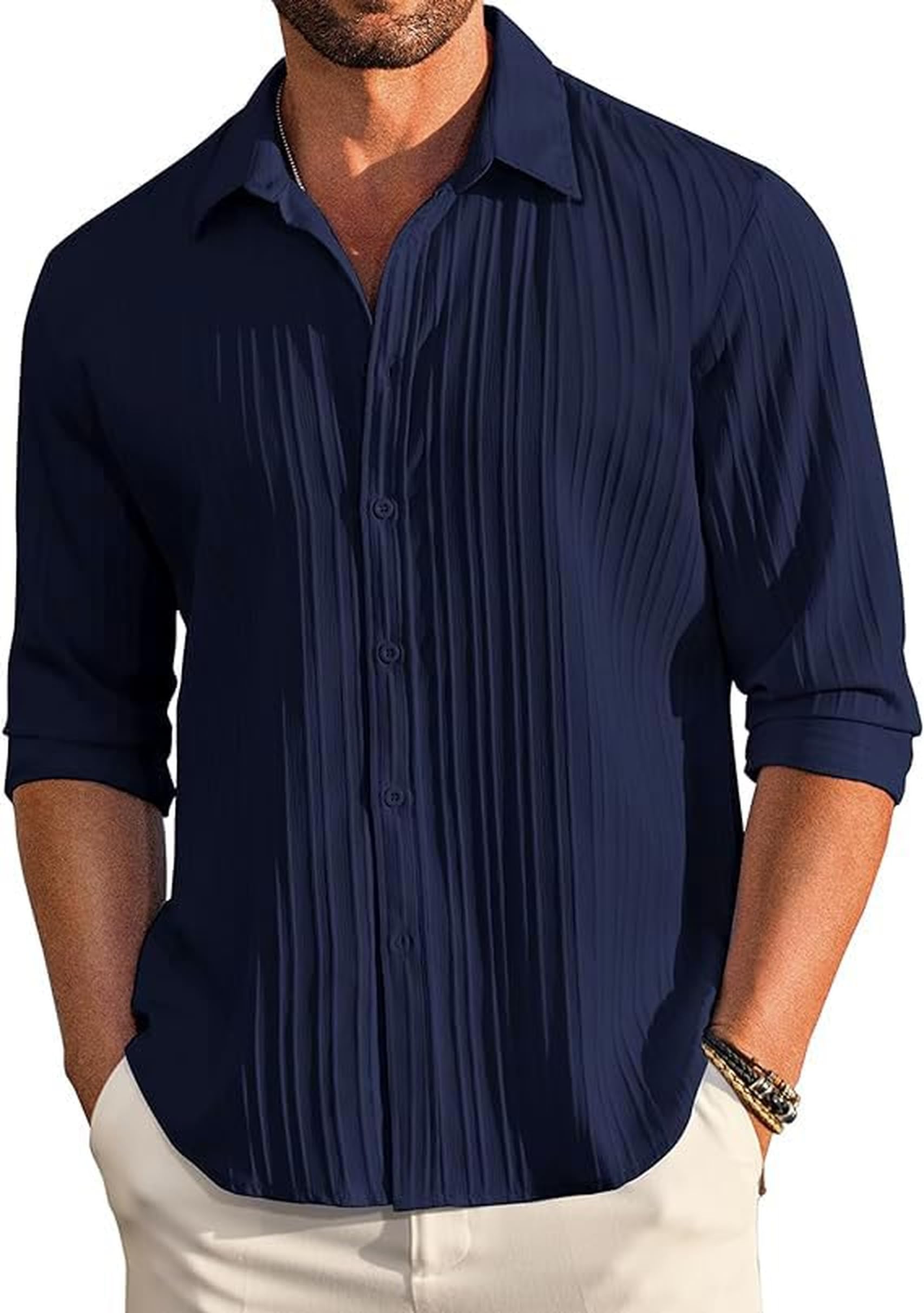 CB-COLEBROOK Men's Casual Button Down Shirts Long Sleeve Linen Shirt Fashion Textured Beach Summer Shirt (in, Alpha, M, Regular, Navy Blue)