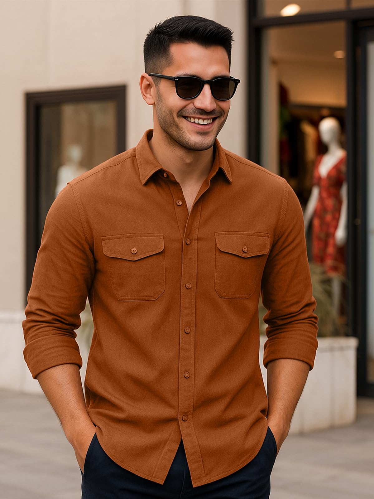 Veirdo® Men's Pure Cotton Utility Shirt | Full Sleeve Casual Button-Down with Dual Chest Pockets | Stylish & Comfortable Everyday Wear | VD_FS_RC_SH_RST_M Rust - Image 7